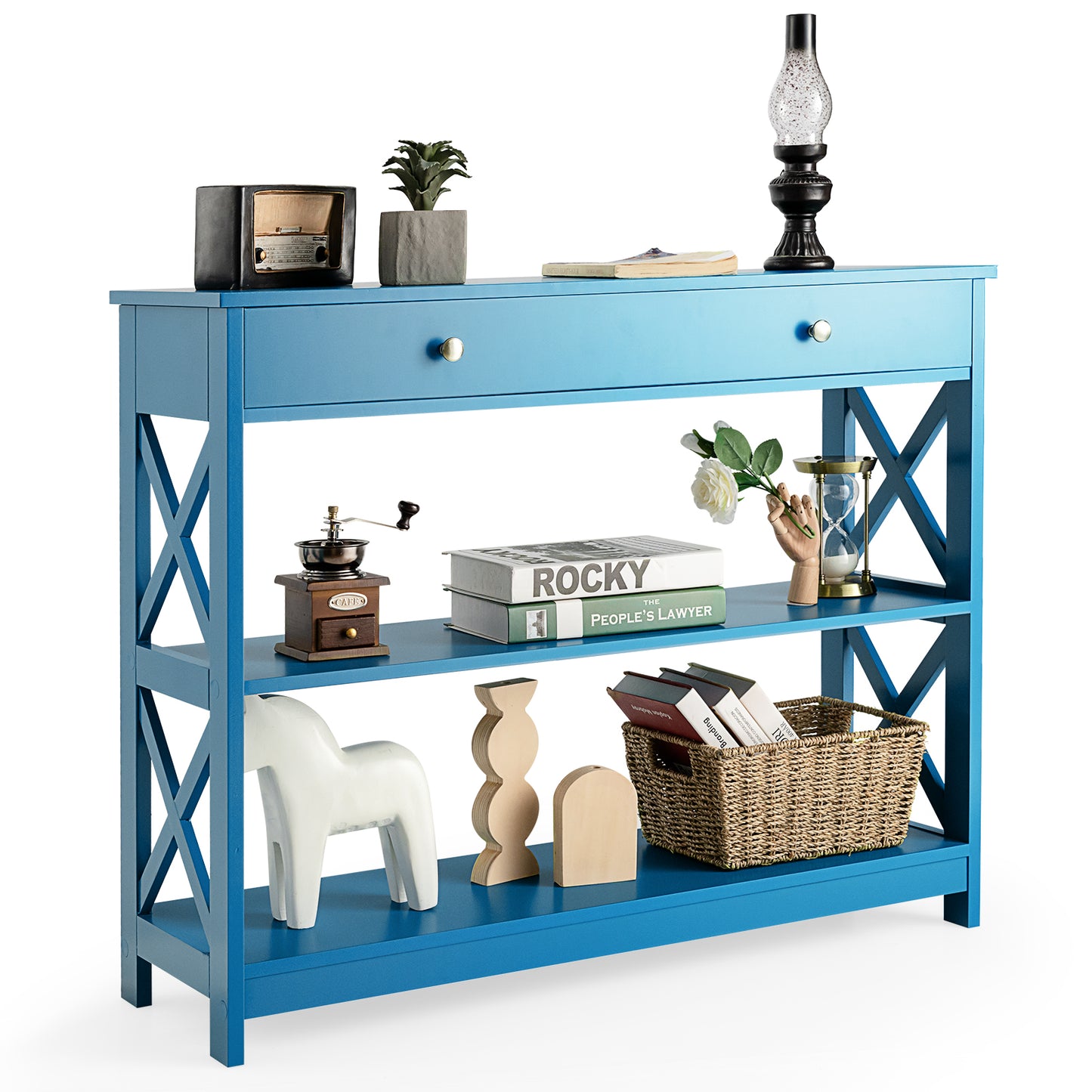 3 Tier Console Table with Drawer and Storage Shelves in Blue