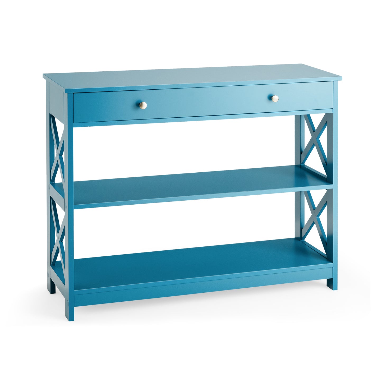 3 Tier Console Table with Drawer and Storage Shelves in Blue