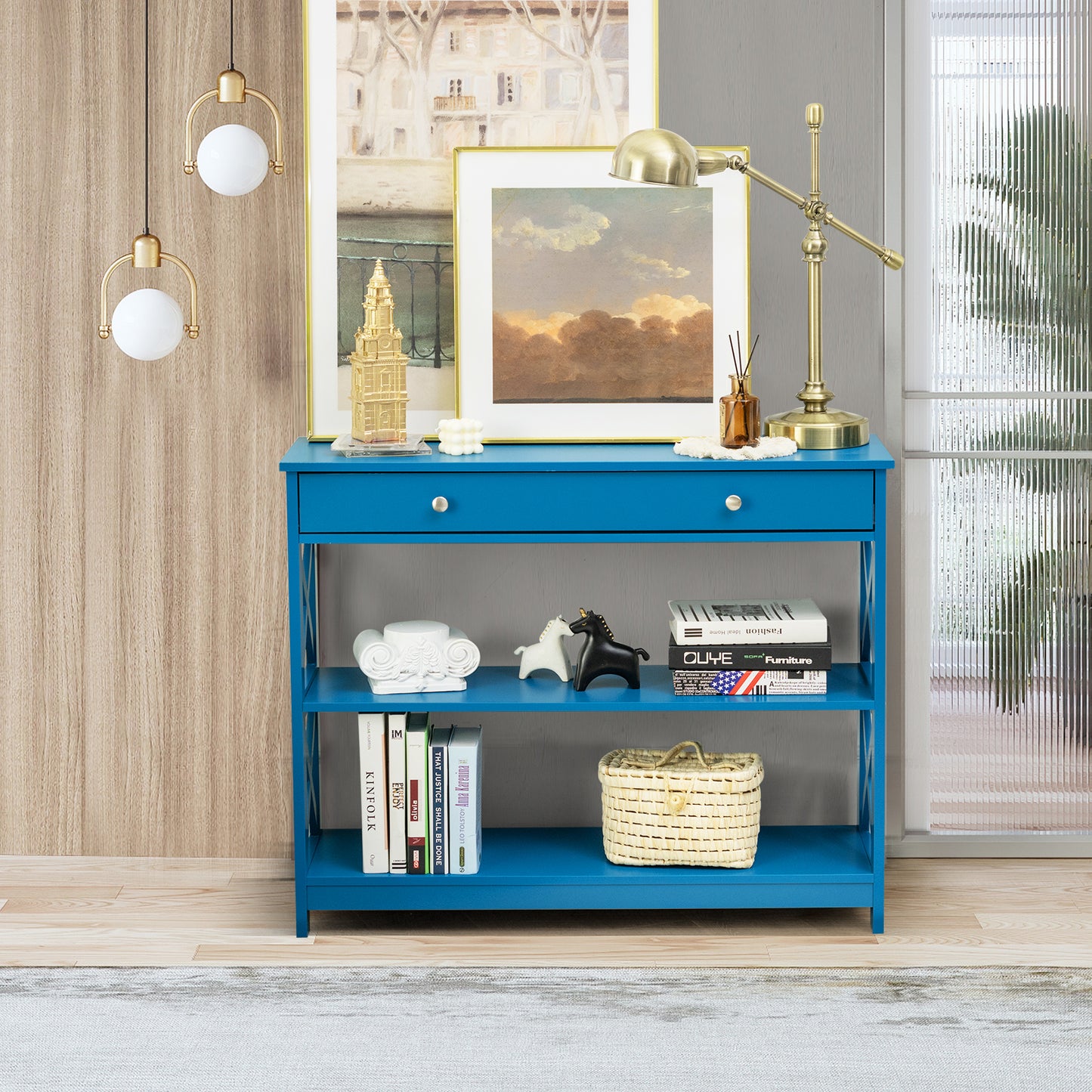 3 Tier Console Table with Drawer and Storage Shelves in Blue