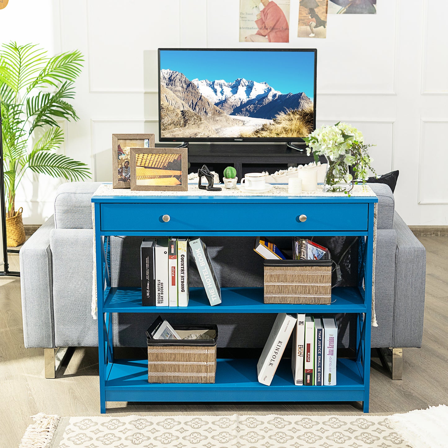3 Tier Console Table with Drawer and Storage Shelves in Blue