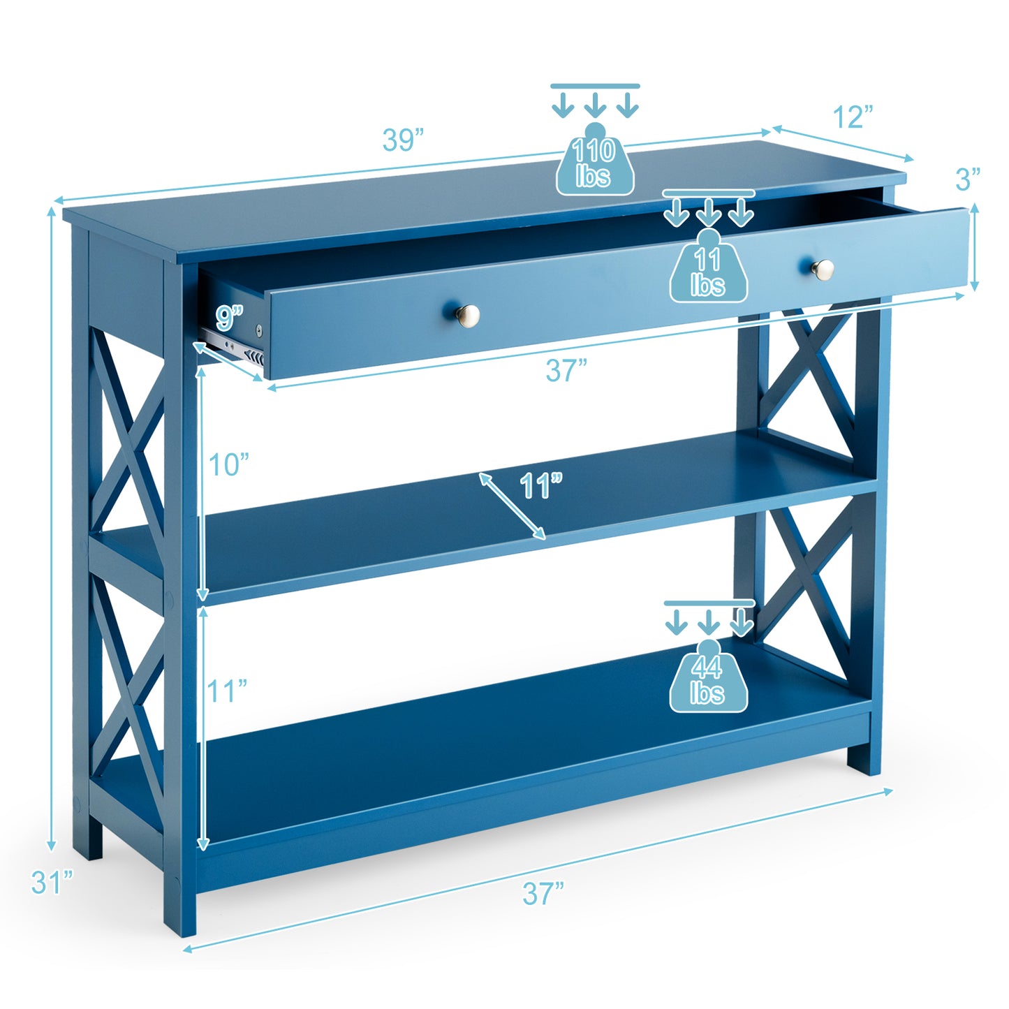 3 Tier Console Table with Drawer and Storage Shelves in Blue