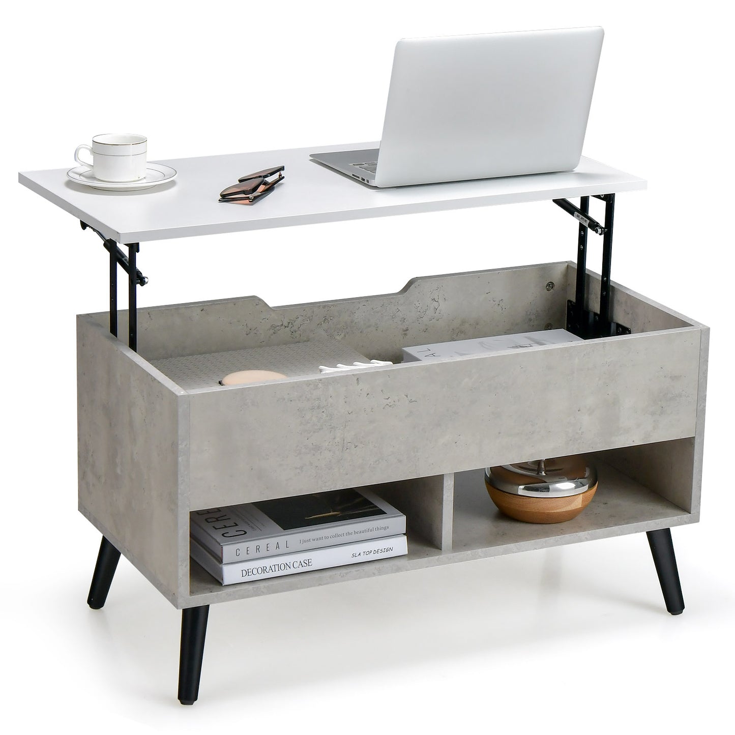 Lift Top Coffee Table with Hidden Compartment and Dual Storage Shelves - Grey