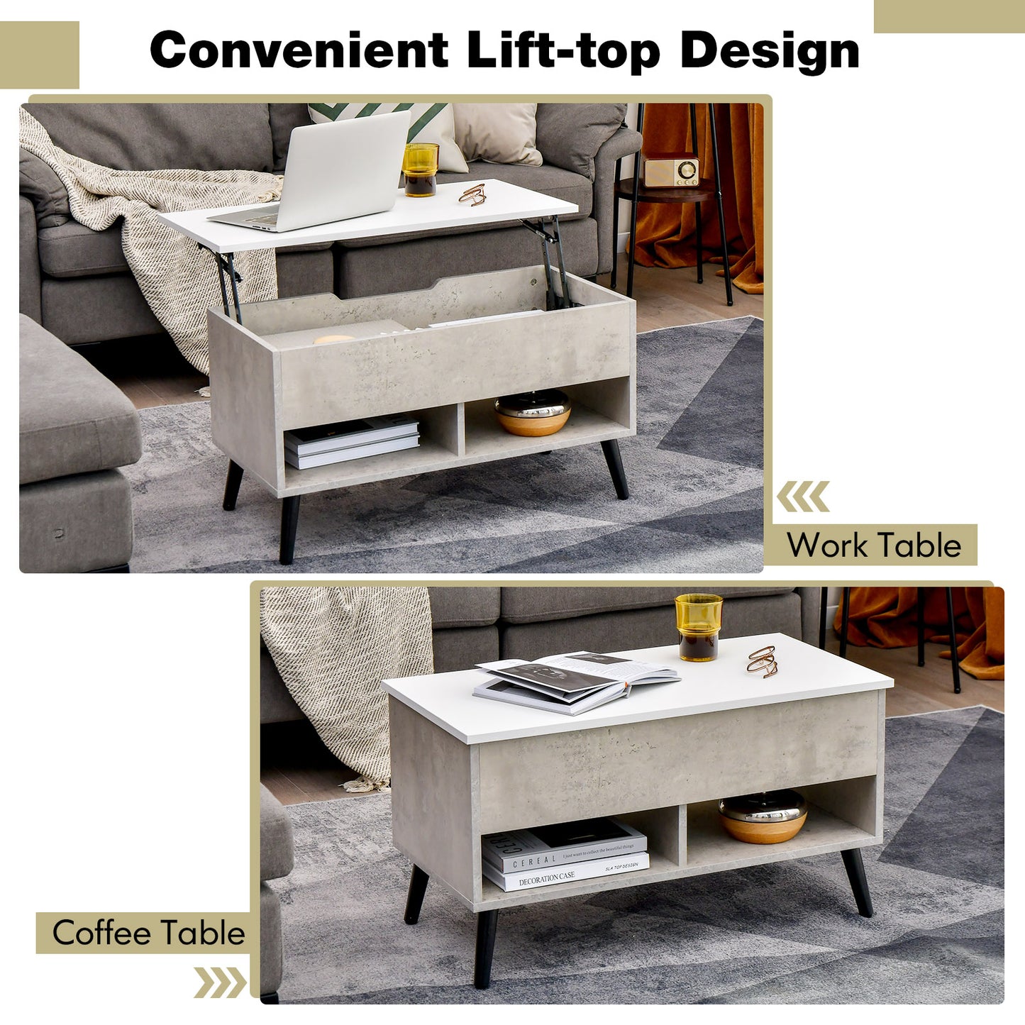 Lift Top Coffee Table with Hidden Compartment and Dual Storage Shelves - Grey