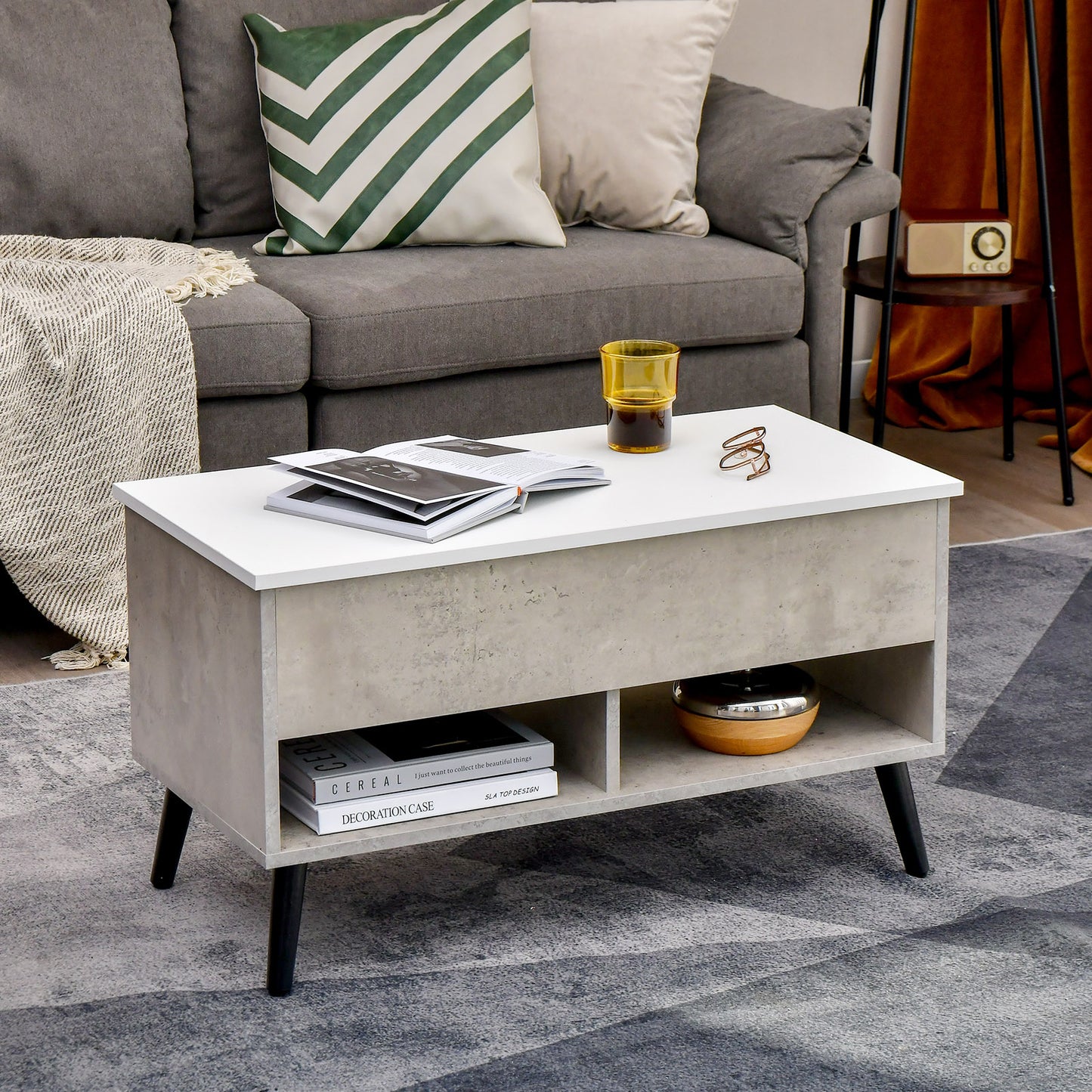 Lift Top Coffee Table with Hidden Compartment and Dual Storage Shelves - Grey