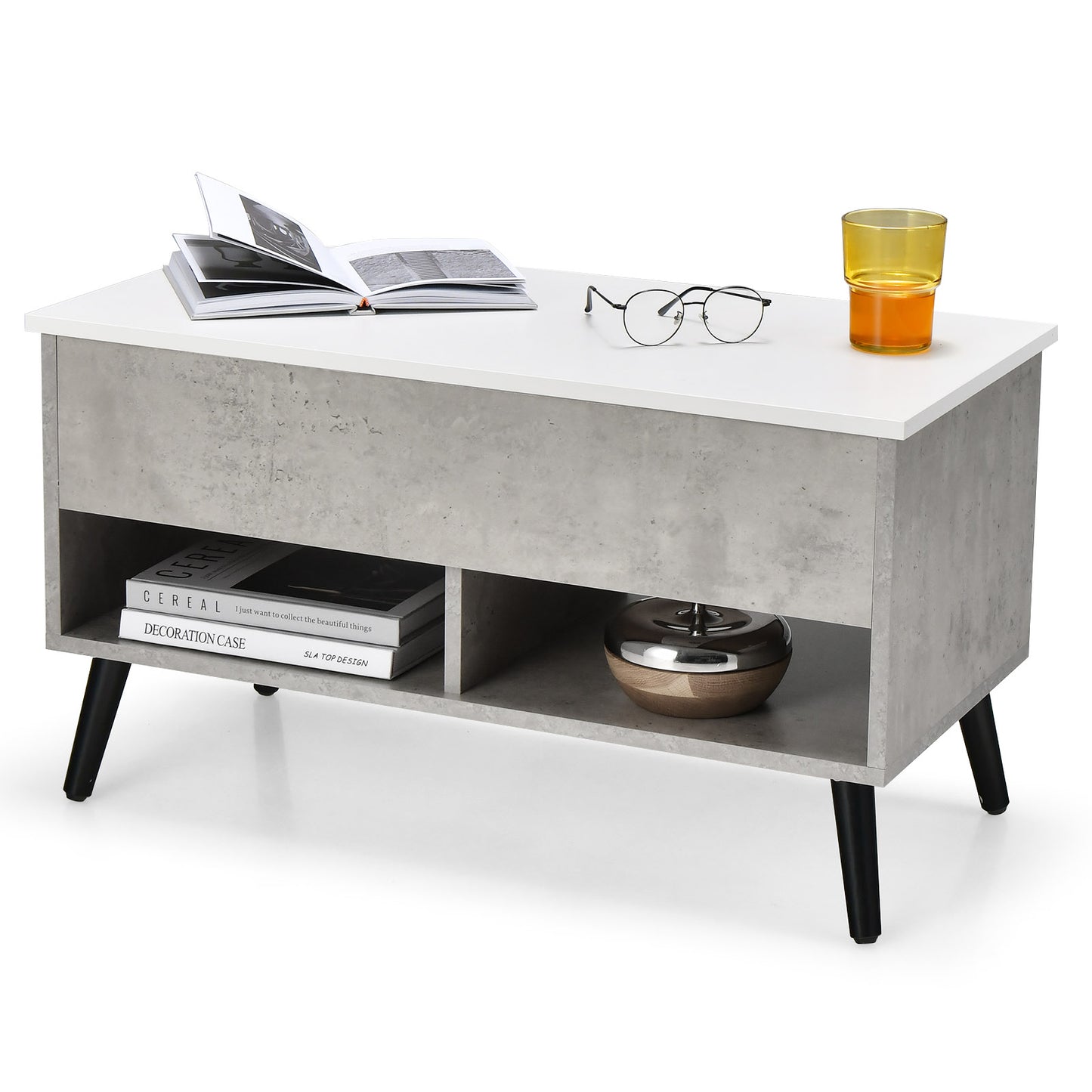 Lift Top Coffee Table with Hidden Compartment and Dual Storage Shelves - Grey