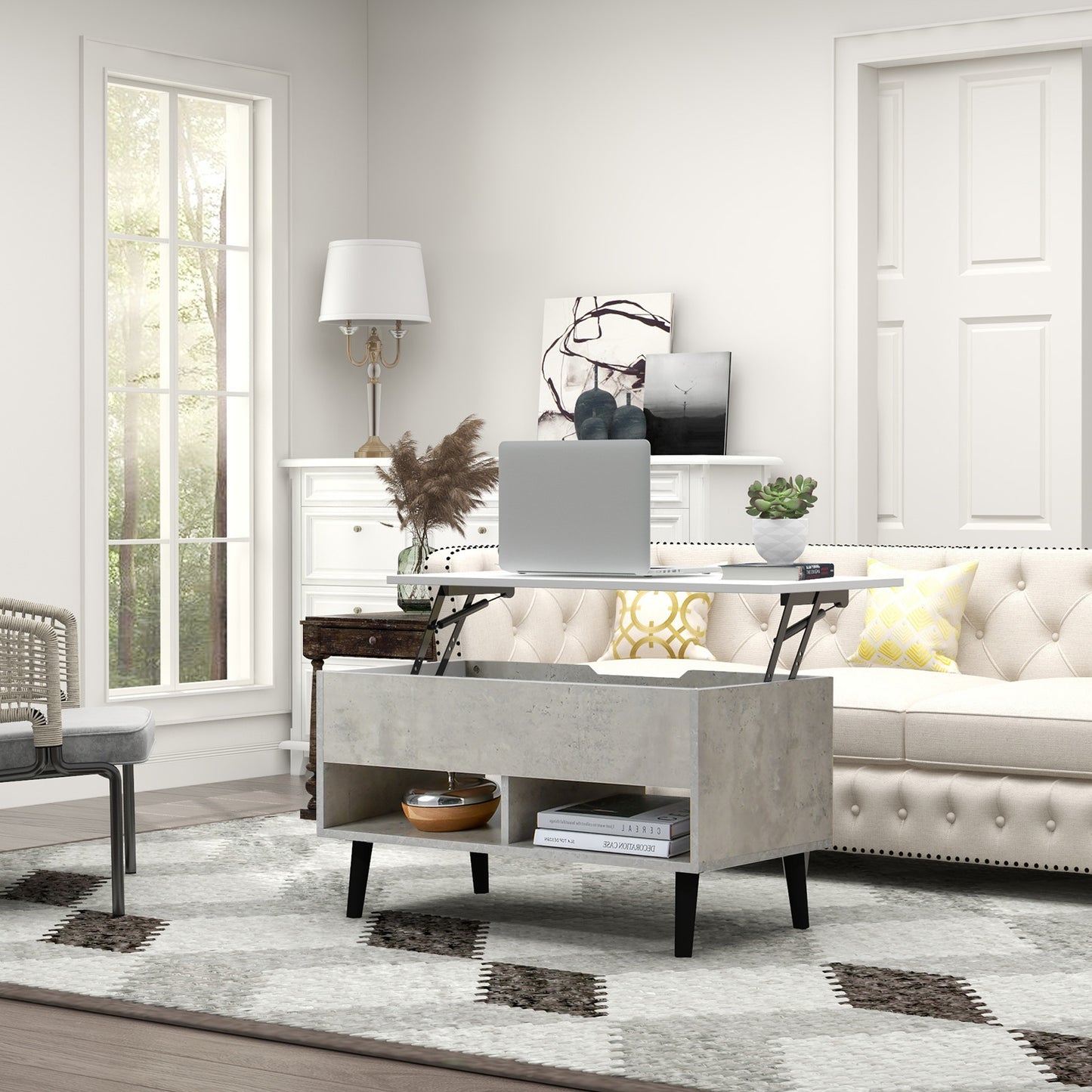 Lift Top Coffee Table with Hidden Compartment and Dual Storage Shelves - Grey