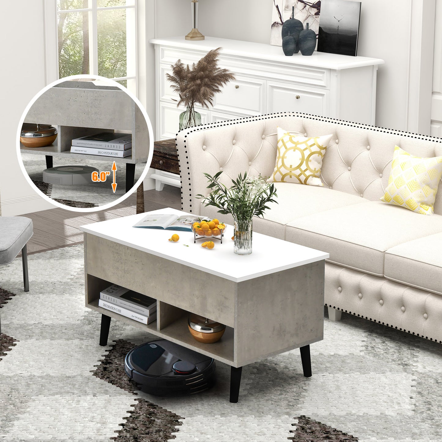 Lift Top Coffee Table with Hidden Compartment and Dual Storage Shelves - Grey