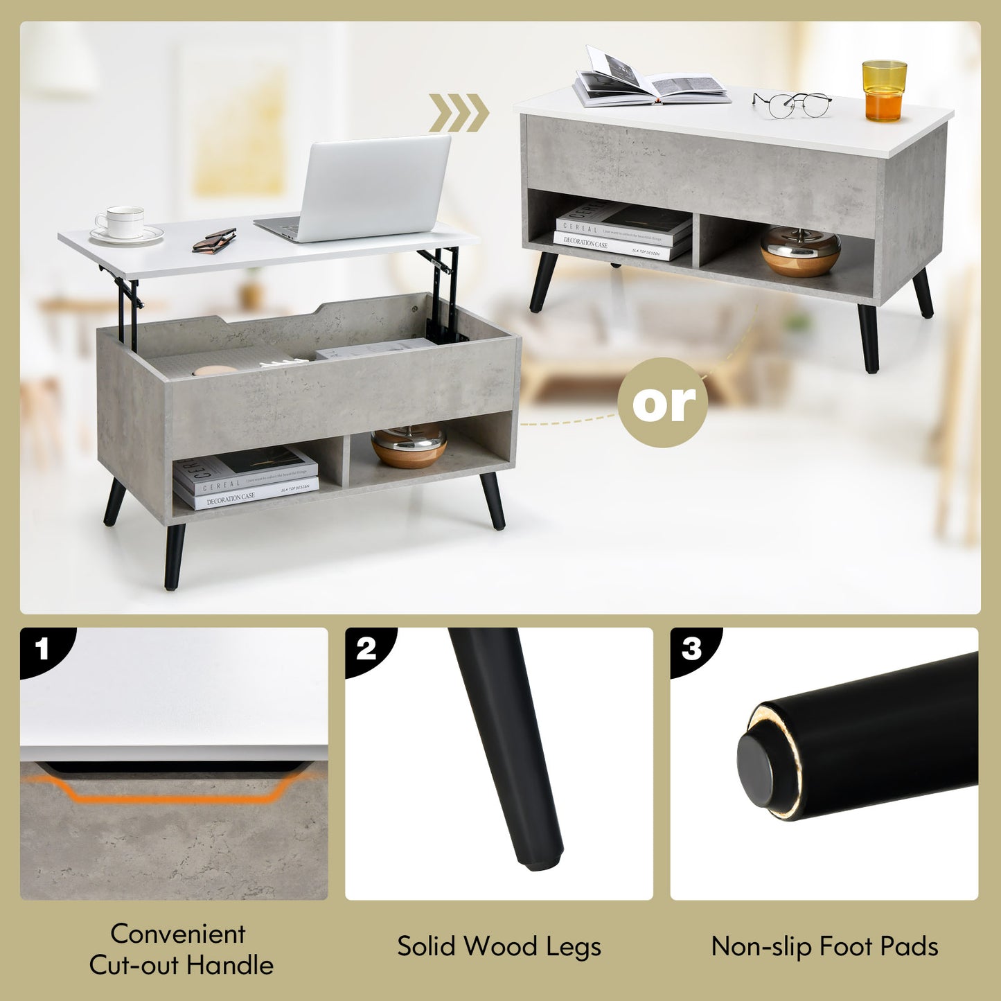 Lift Top Coffee Table with Hidden Compartment and Dual Storage Shelves - Grey
