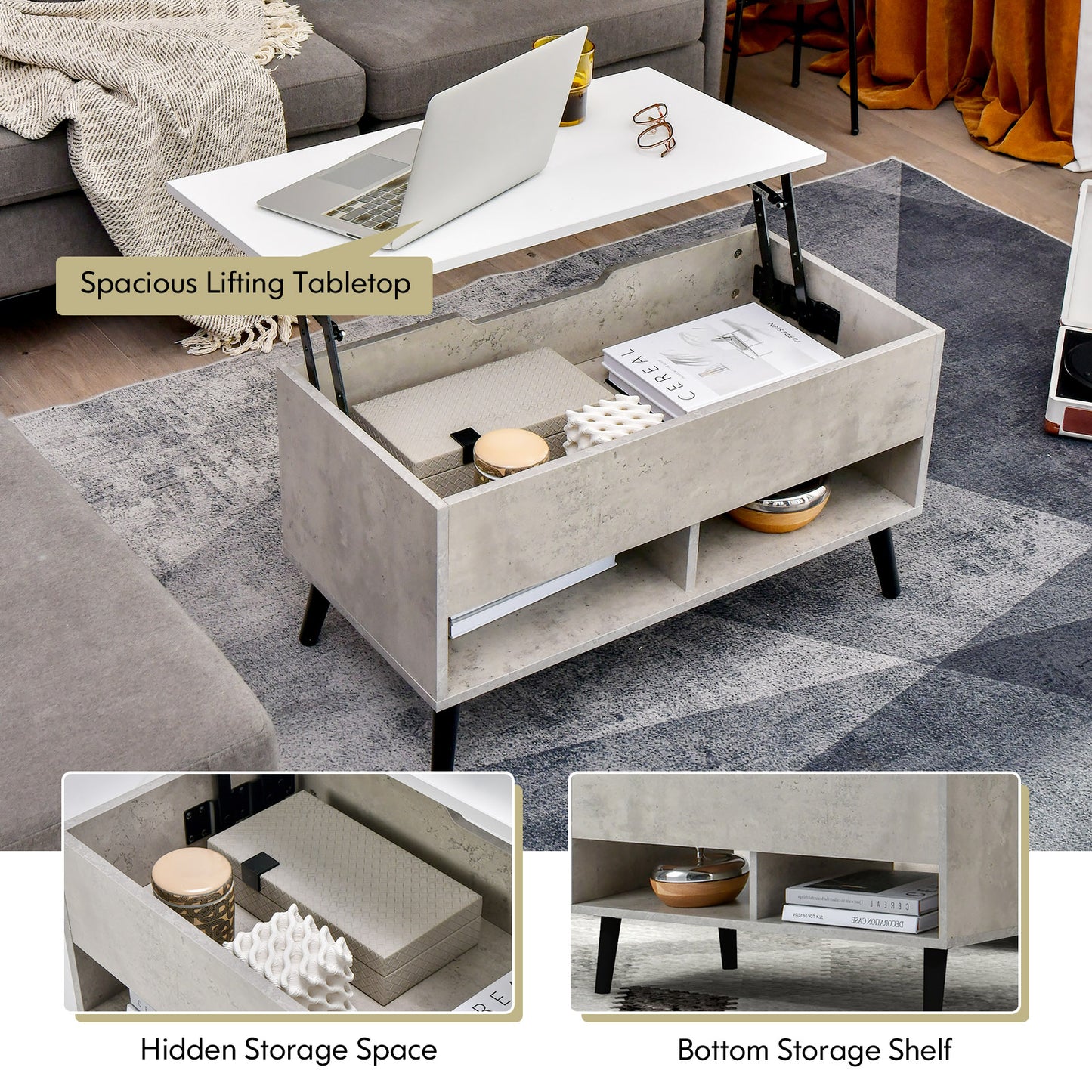 Lift Top Coffee Table with Hidden Compartment and Dual Storage Shelves - Grey