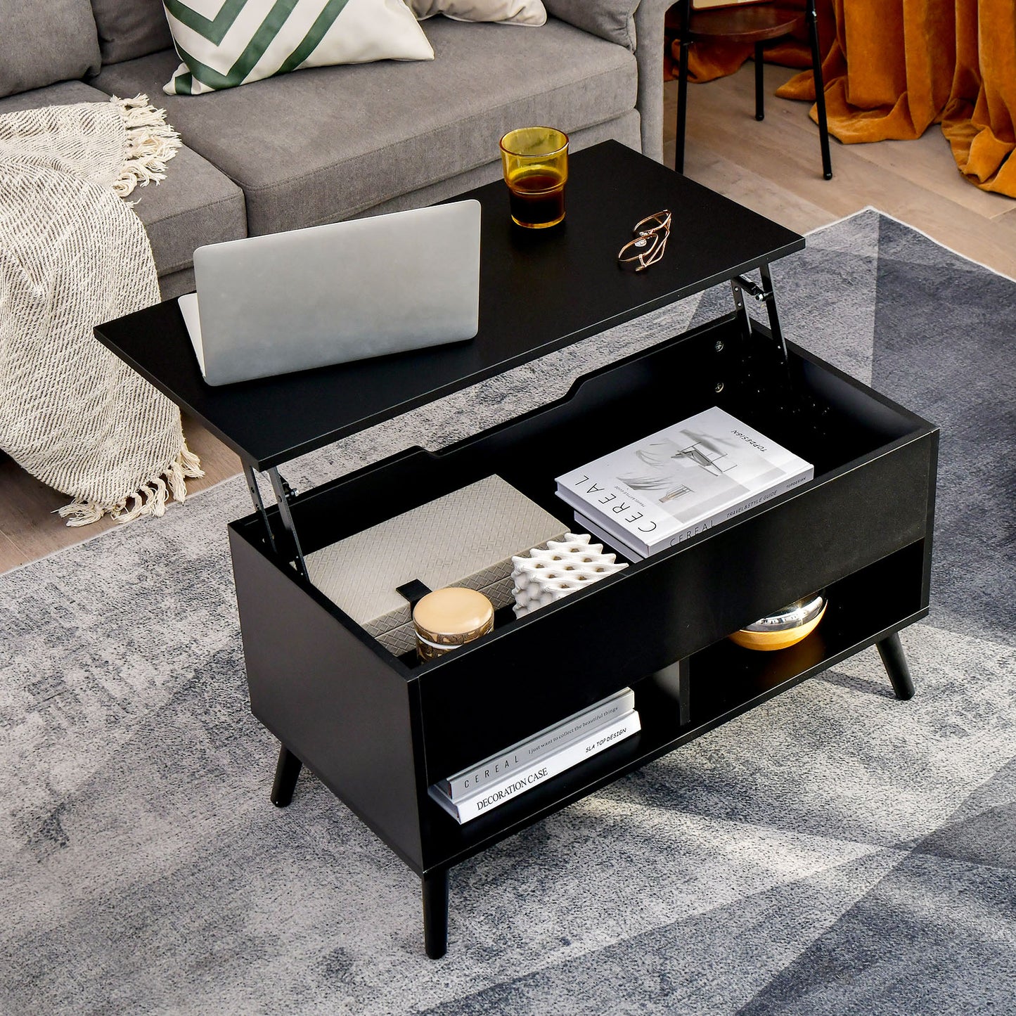 Lift Top Coffee Table with Hidden Compartment and Dual Storage Shelves - Black