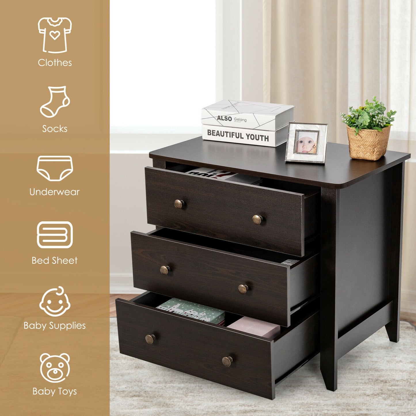 3-Drawer Storage Dresser Chest, Compact Bedside Table with Organizational Drawers – Black