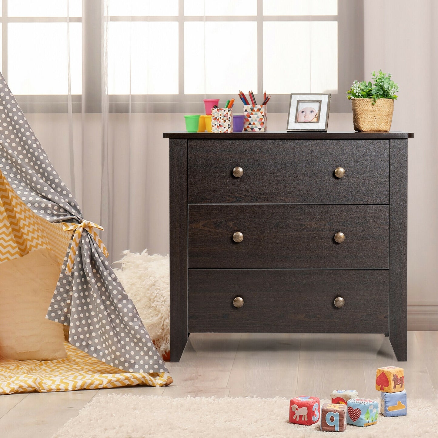 3-Drawer Storage Dresser Chest, Compact Bedside Table with Organizational Drawers – Dark Brown