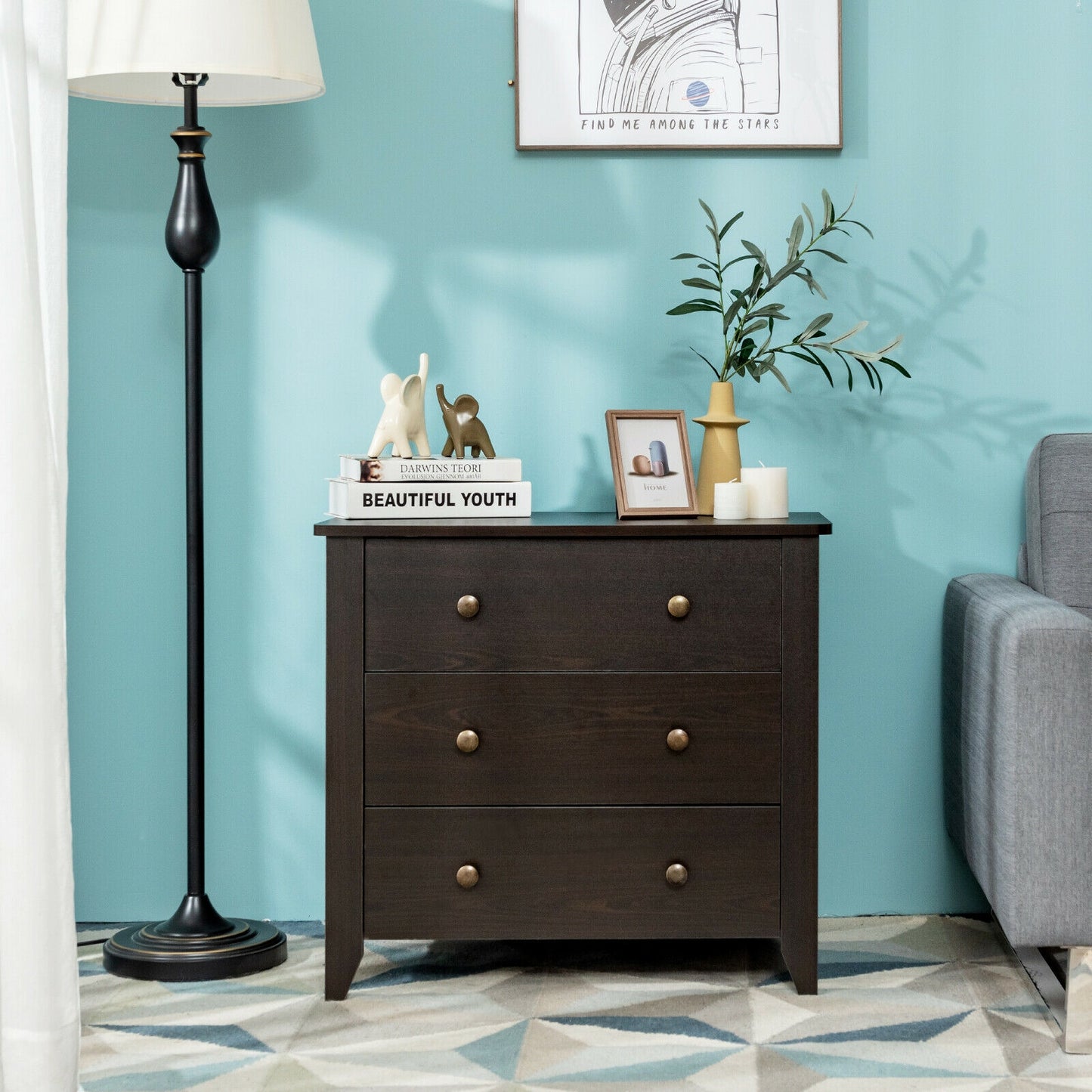 3-Drawer Storage Dresser Chest, Compact Bedside Table with Organizational Drawers – Dark Brown
