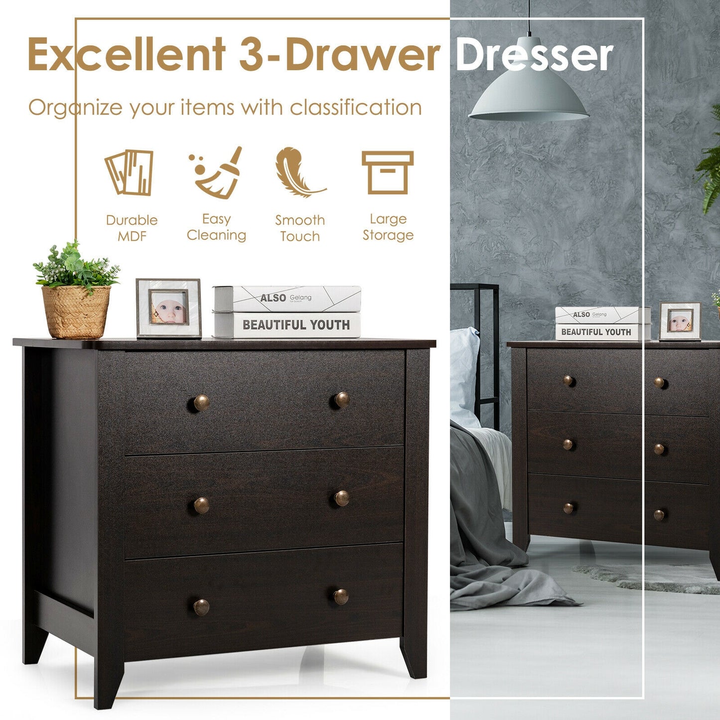 3-Drawer Storage Dresser Chest, Compact Bedside Table with Organizational Drawers – Dark Brown