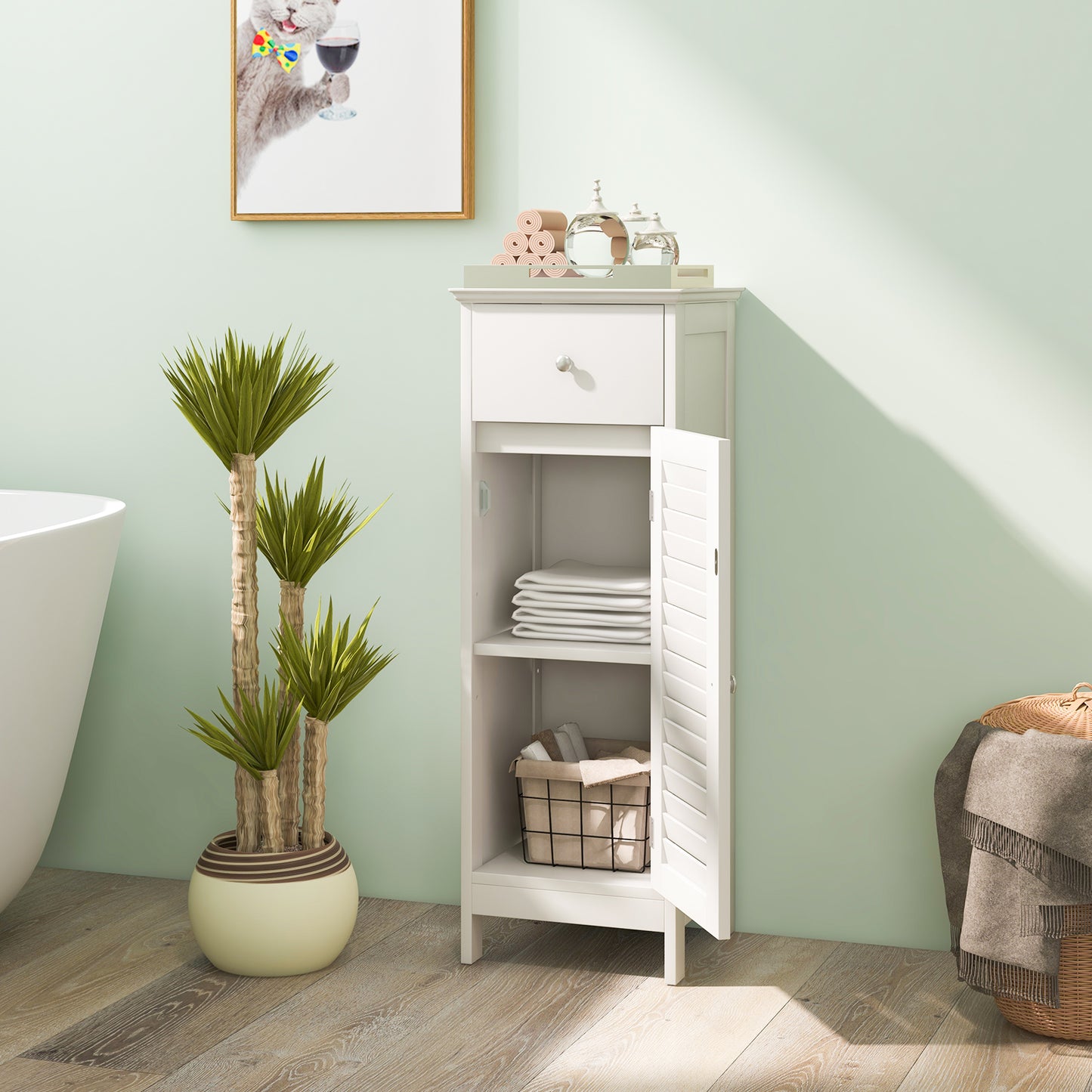 Compact Wooden Bathroom Storage Cabinet with Drawer & Shutter Door
