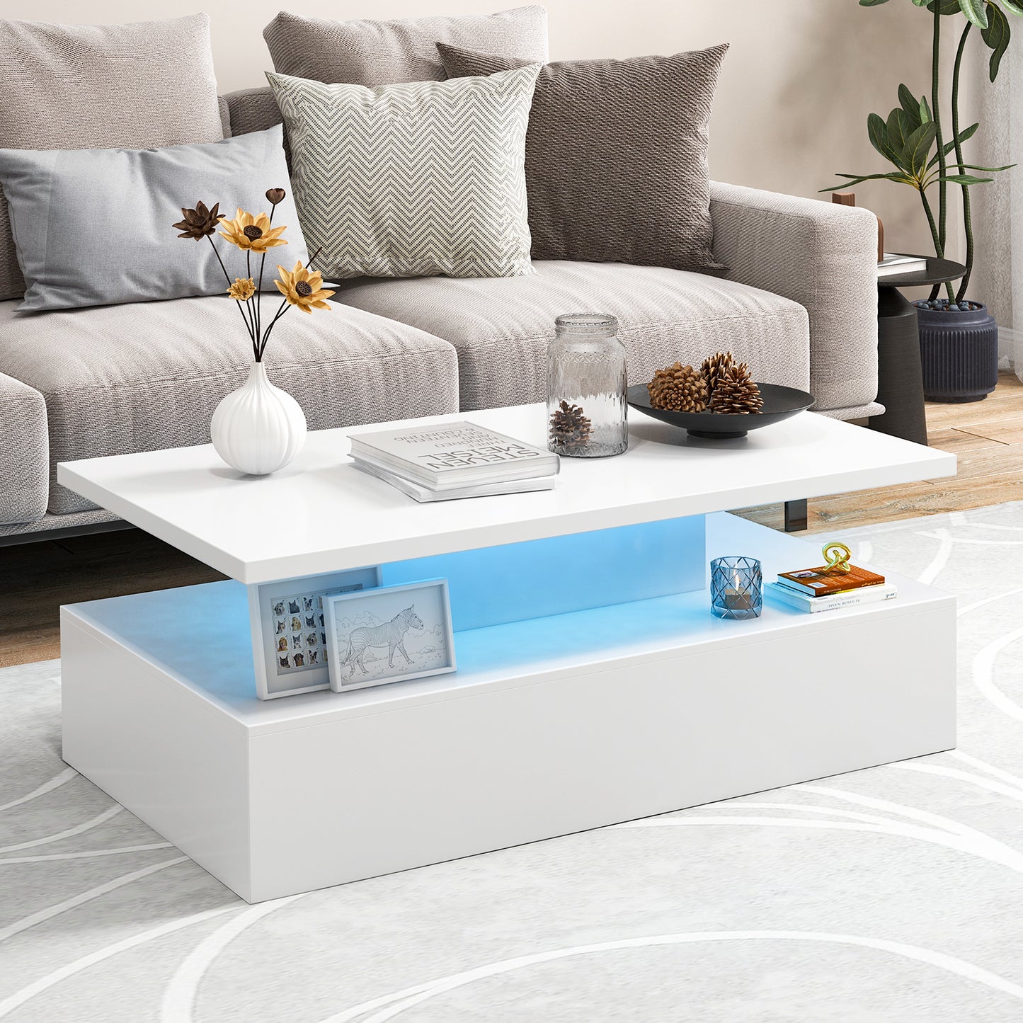 Modern LED Coffee Table with High Gloss Finish, Adjustable Light Colors, and 2-Tier Storage in White