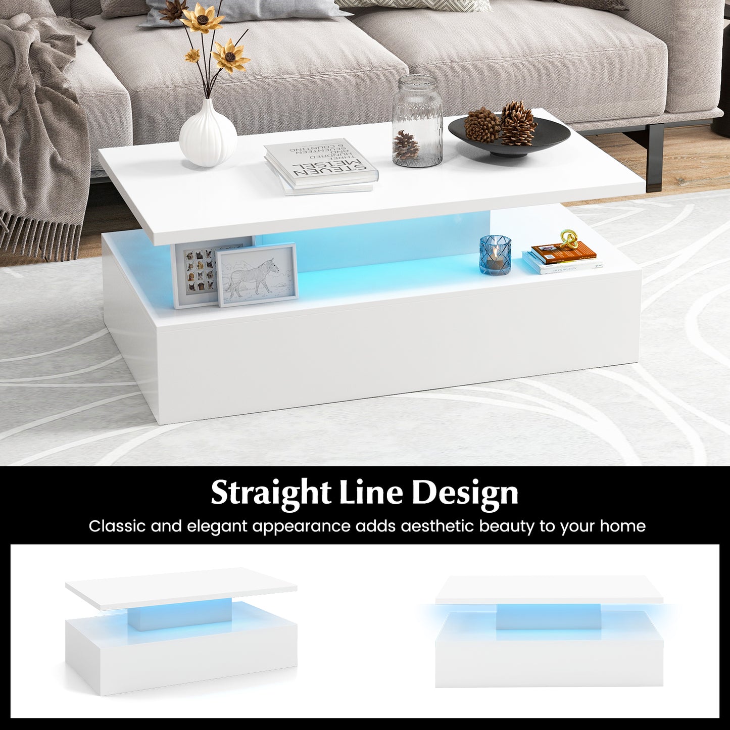 Modern LED Coffee Table with High Gloss Finish, Adjustable Light Colors, and 2-Tier Storage in White