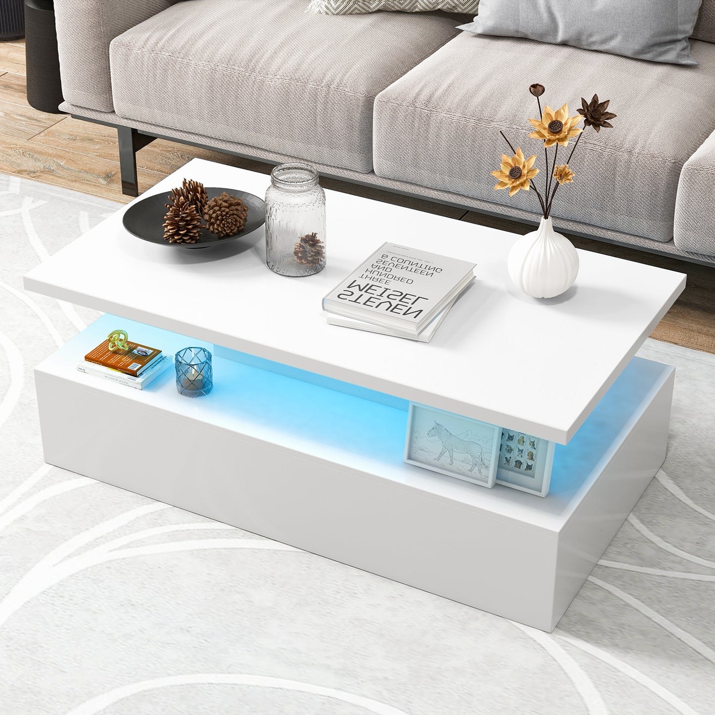 Modern LED Coffee Table with High Gloss Finish, Adjustable Light Colors, and 2-Tier Storage in White