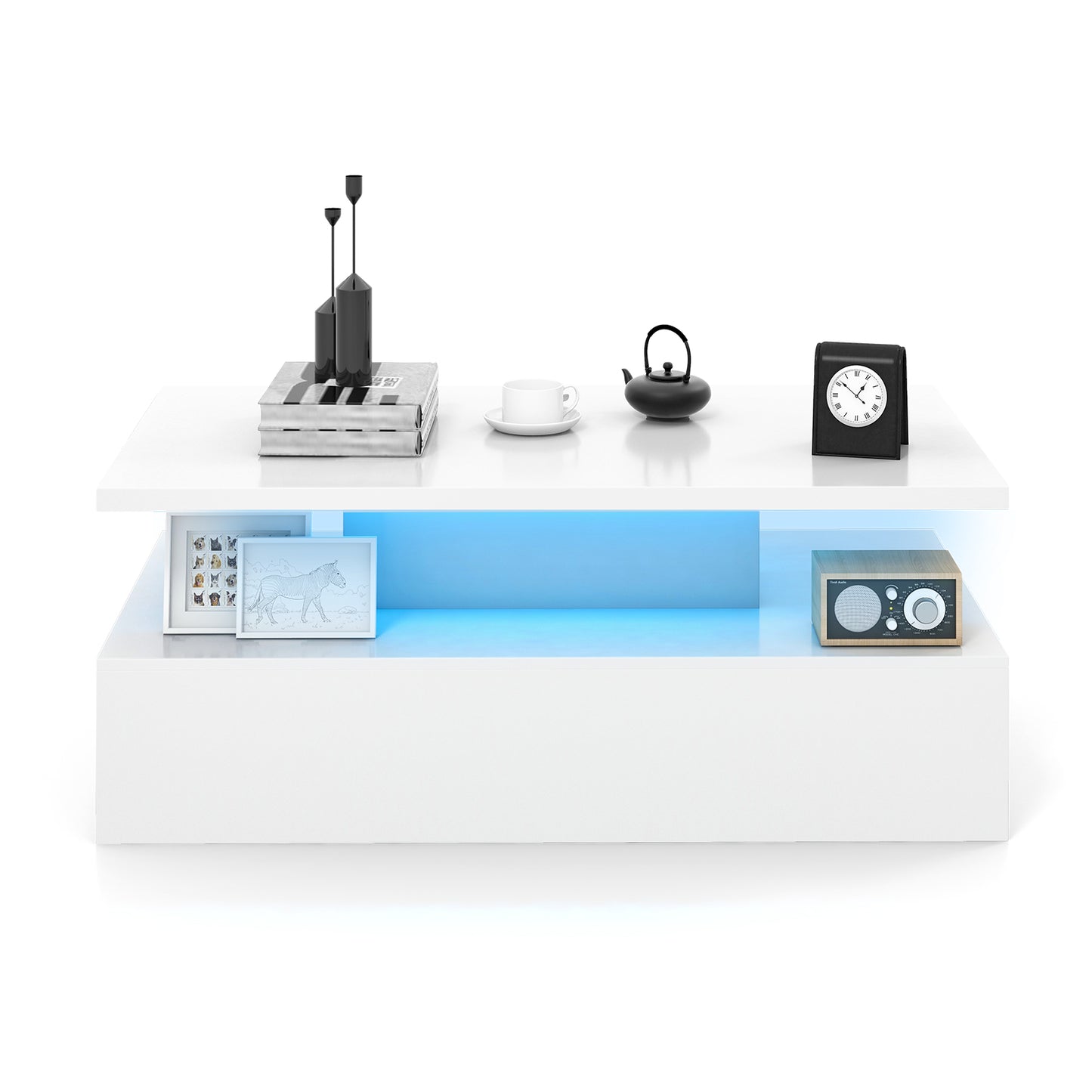 Modern LED Coffee Table with High Gloss Finish, Adjustable Light Colors, and 2-Tier Storage in White