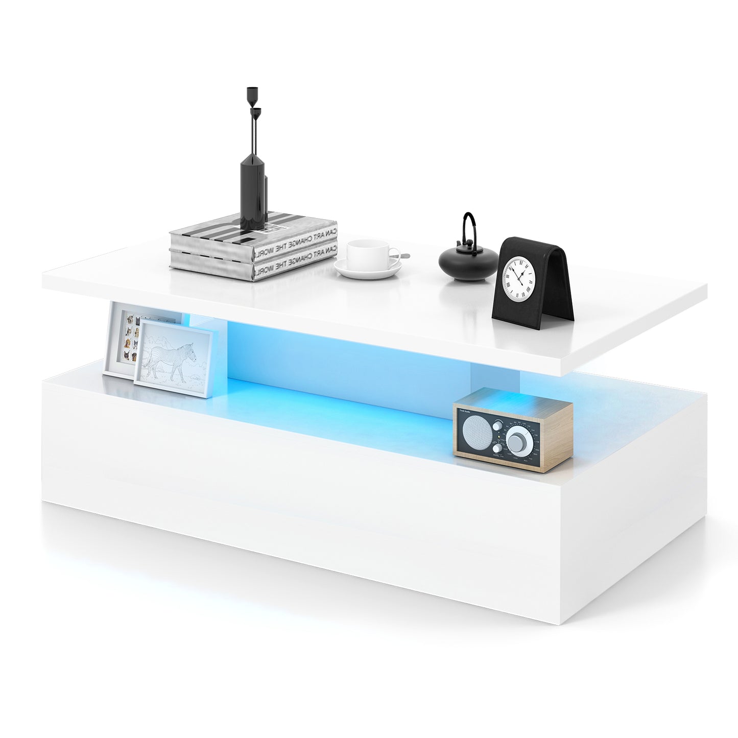 Modern LED Coffee Table with High Gloss Finish, Adjustable Light Colors, and 2-Tier Storage in White