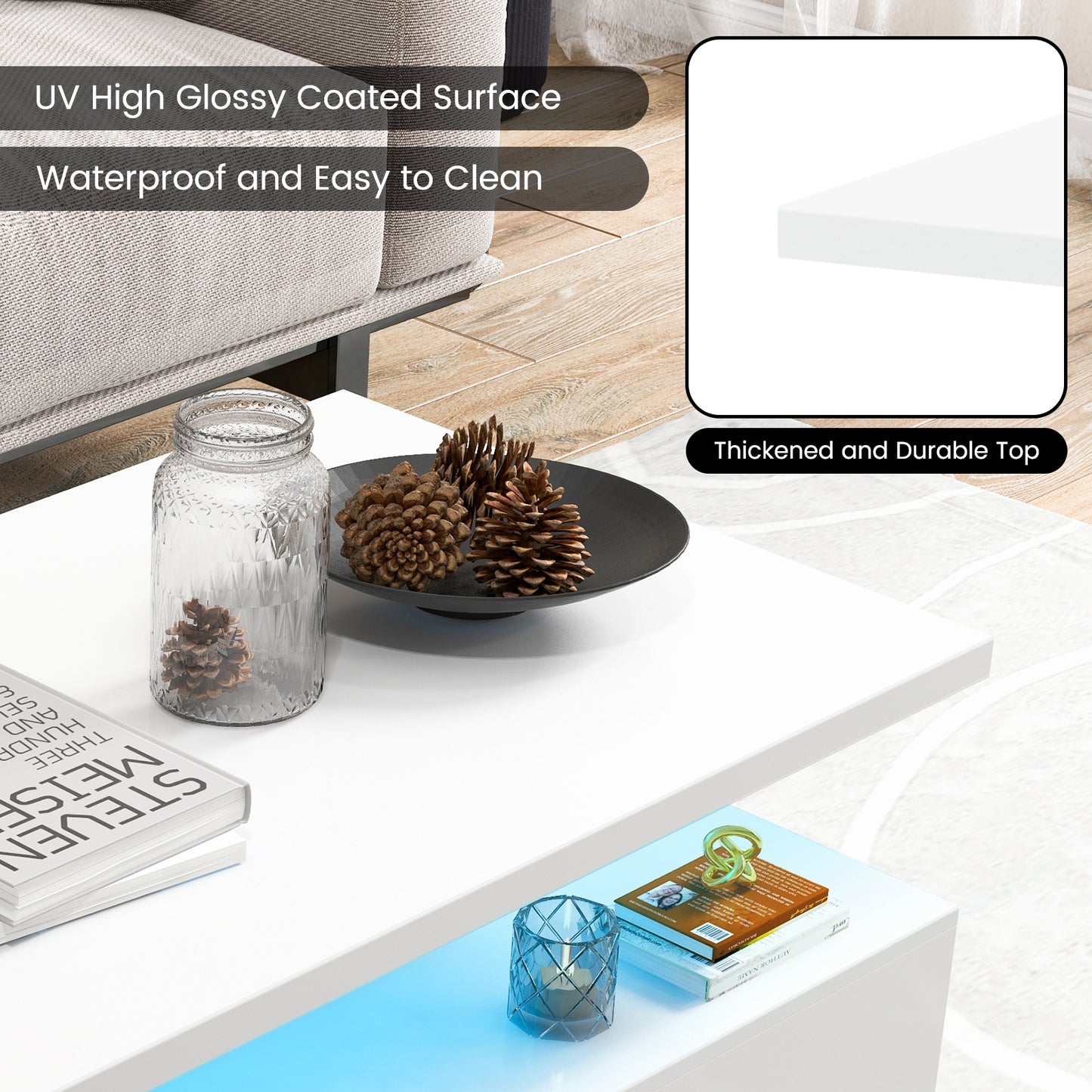 Modern LED Coffee Table with High Gloss Finish, Adjustable Light Colors, and 2-Tier Storage in White