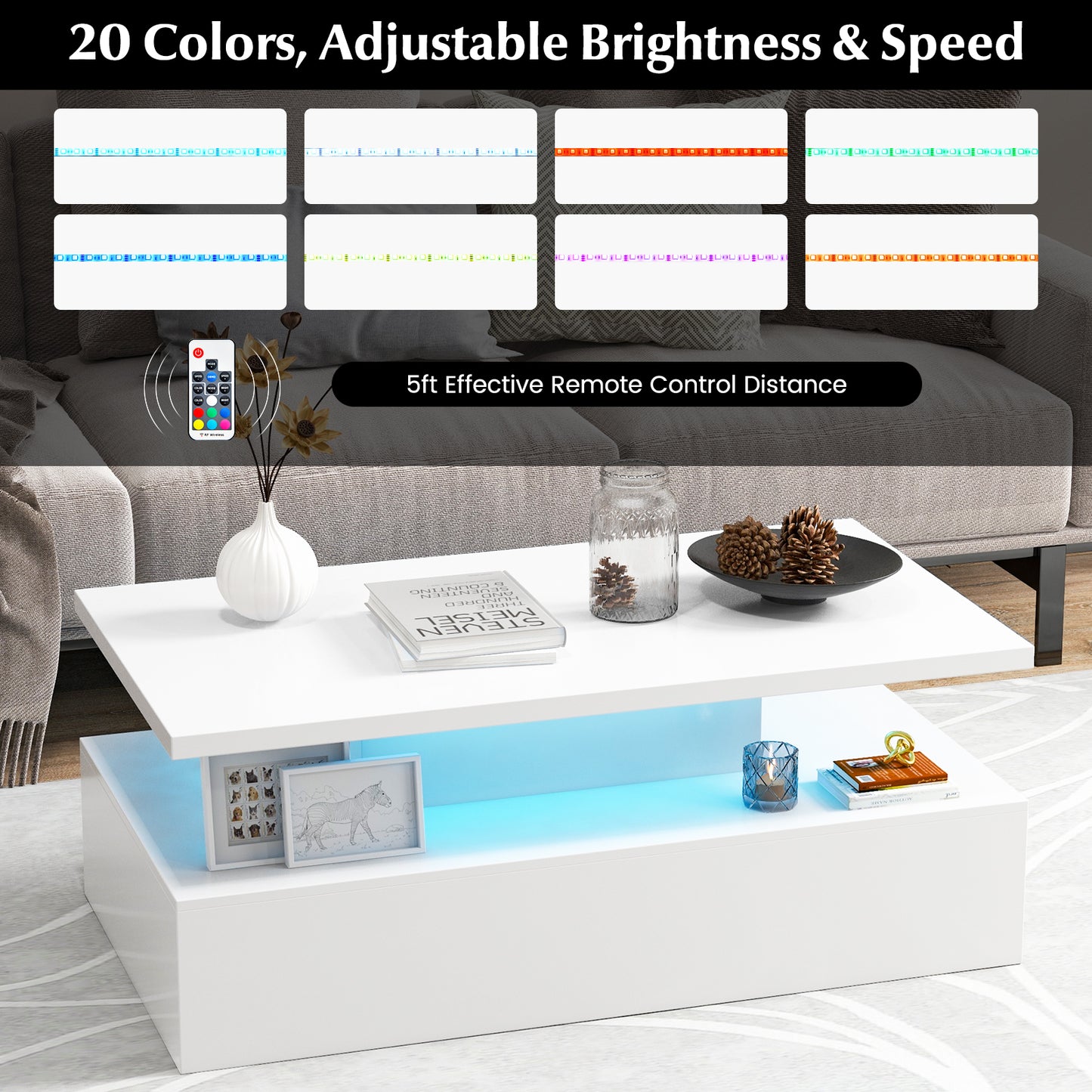 Modern LED Coffee Table with High Gloss Finish, Adjustable Light Colors, and 2-Tier Storage in White