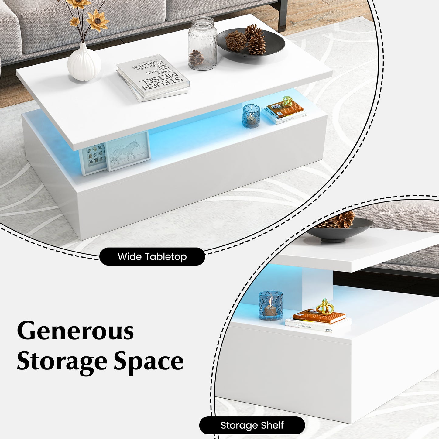 Modern LED Coffee Table with High Gloss Finish, Adjustable Light Colors, and 2-Tier Storage in White