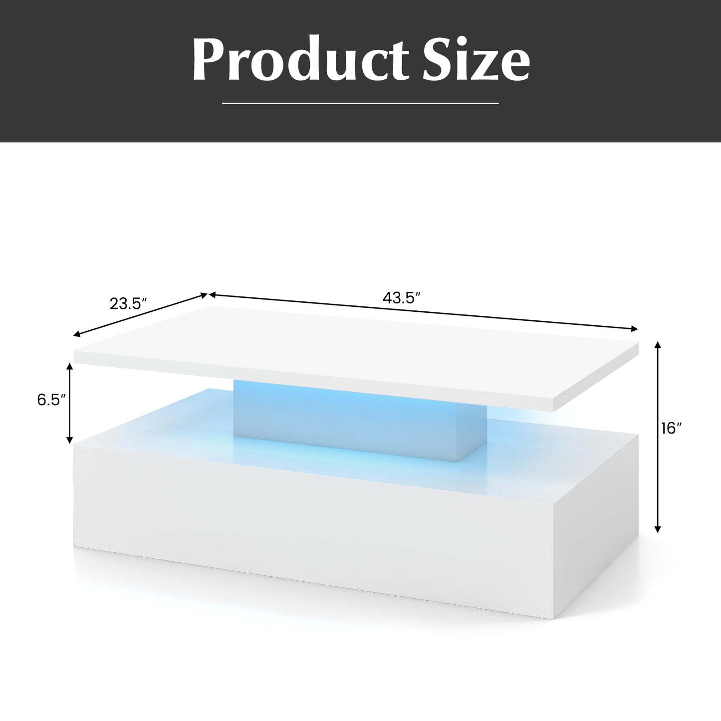 Modern LED Coffee Table with High Gloss Finish, Adjustable Light Colors, and 2-Tier Storage in White