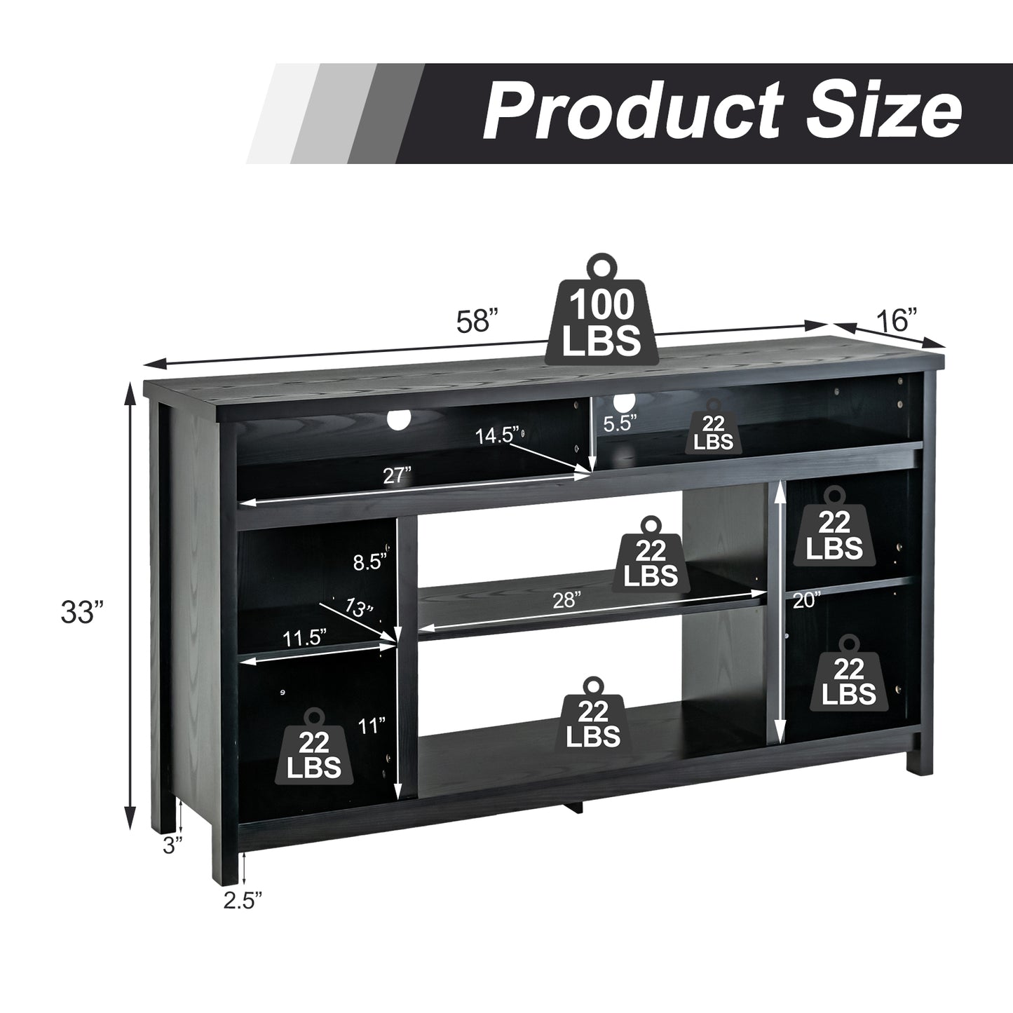 58 Inch TV Console Table with Open Storage and Adjustable Shelves for TVs up to 65 Inches