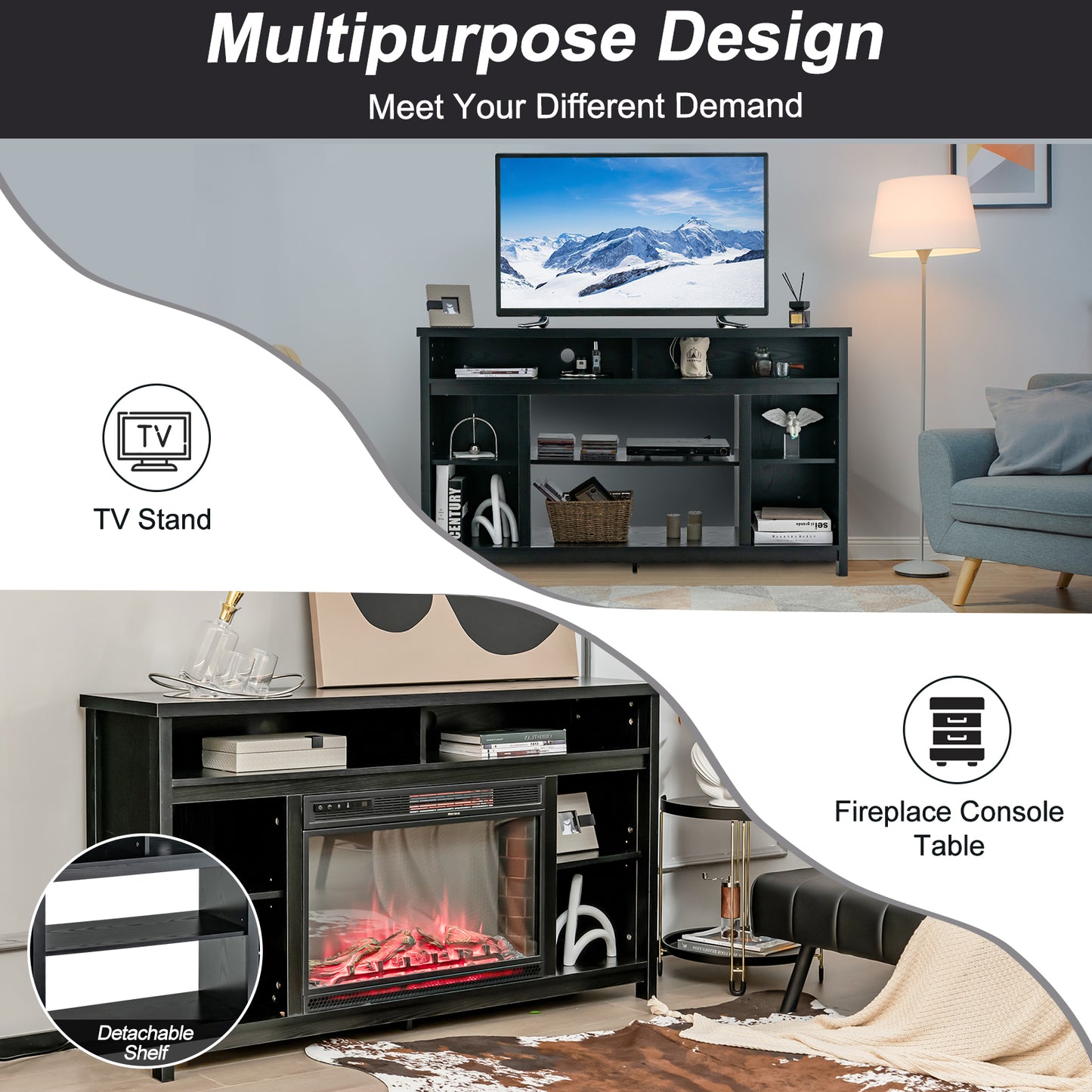 58 Inch TV Console Table with Open Storage and Adjustable Shelves for TVs up to 65 Inches