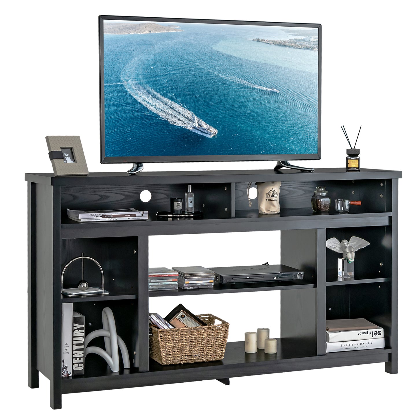 58 Inch TV Console Table with Open Storage and Adjustable Shelves for TVs up to 65 Inches