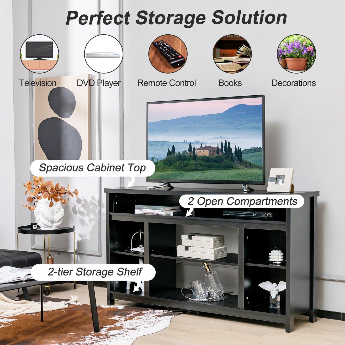 58 Inch TV Console Table with Open Storage and Adjustable Shelves for TVs up to 65 Inches