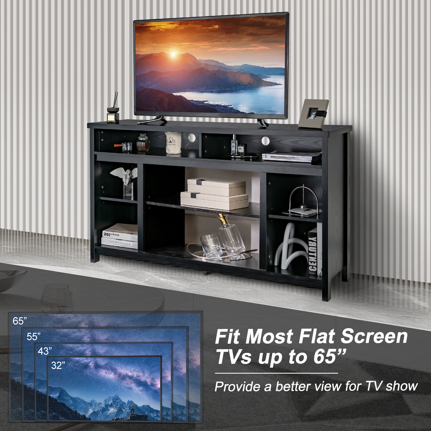 58 Inch TV Console Table with Open Storage and Adjustable Shelves for TVs up to 65 Inches