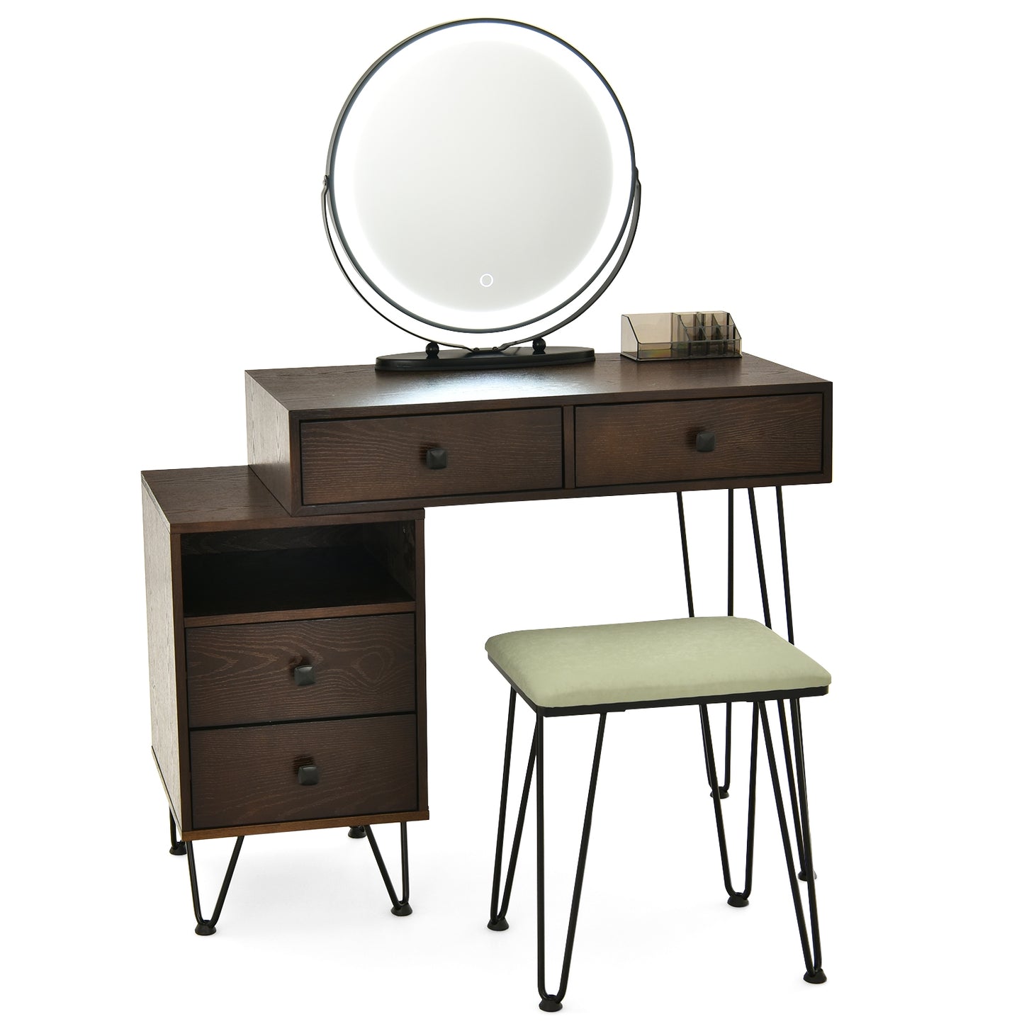 Modern Vanity Table with Storage Cabinet, Adjustable LED Mirror & Cushioned Stool - Brown