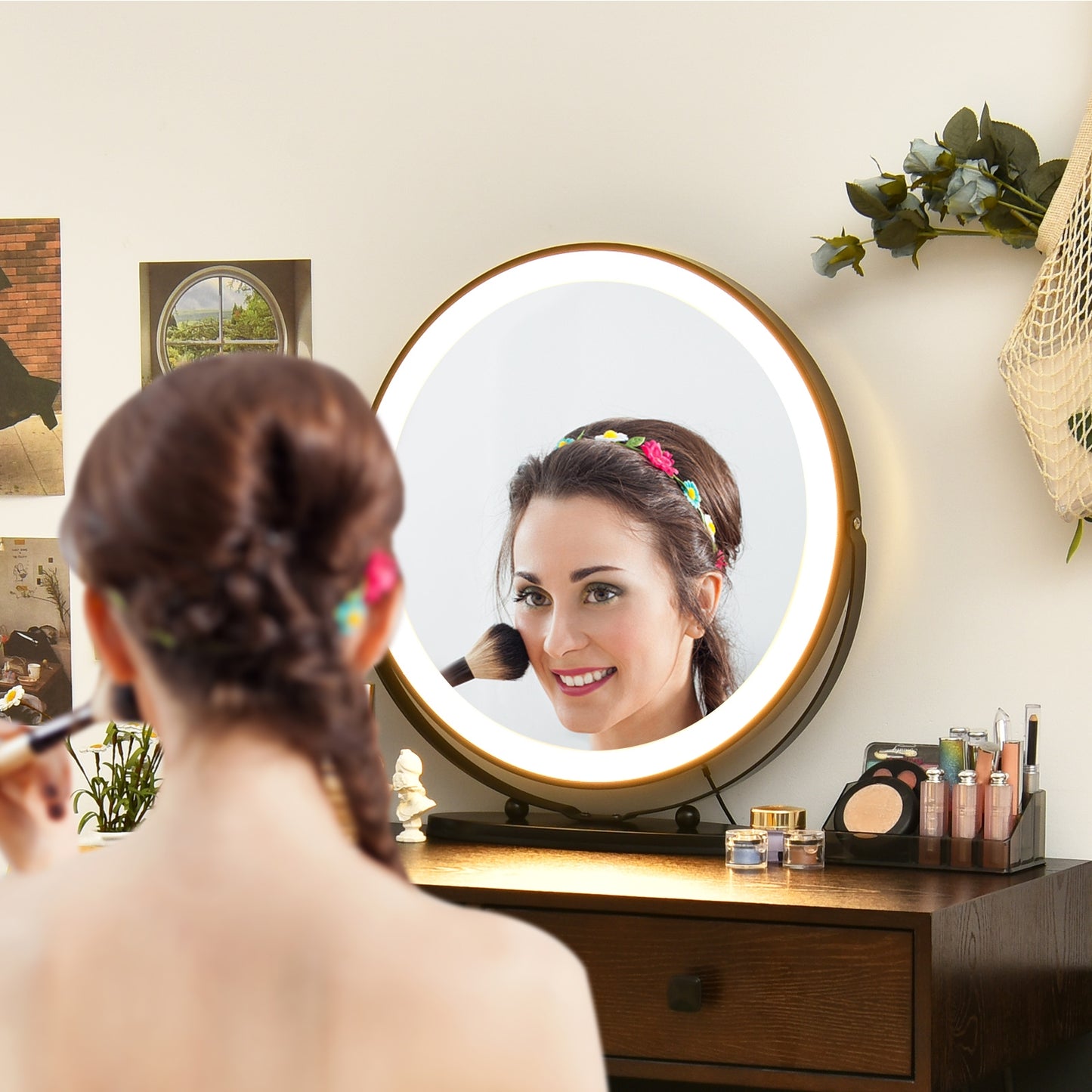 Modern Vanity Table with Storage Cabinet, Adjustable LED Mirror & Cushioned Stool - Brown