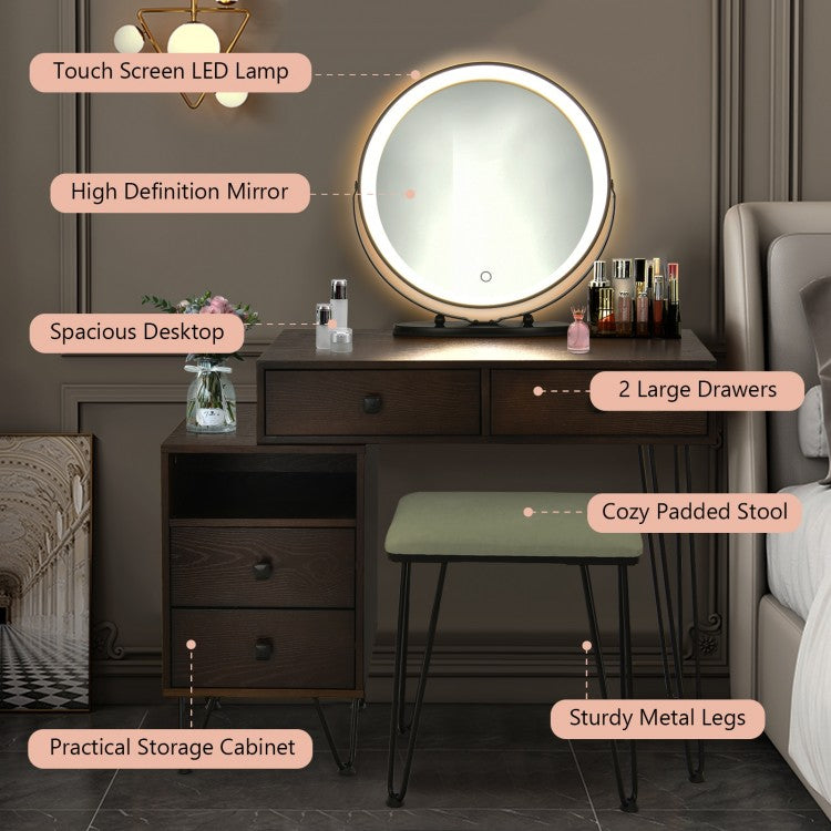 Modern Vanity Table with Storage Cabinet, Adjustable LED Mirror & Cushioned Stool - Brown