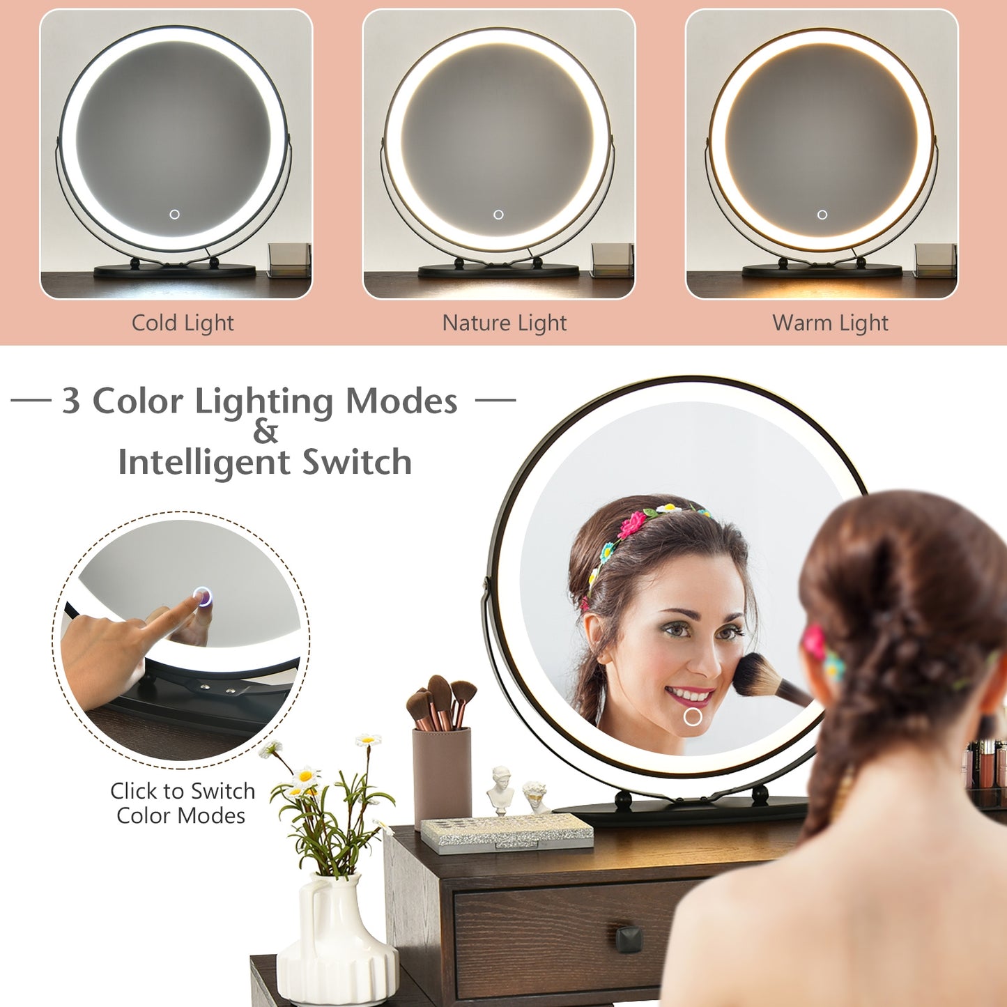 Modern Vanity Table with Storage Cabinet, Adjustable LED Mirror & Cushioned Stool - Brown
