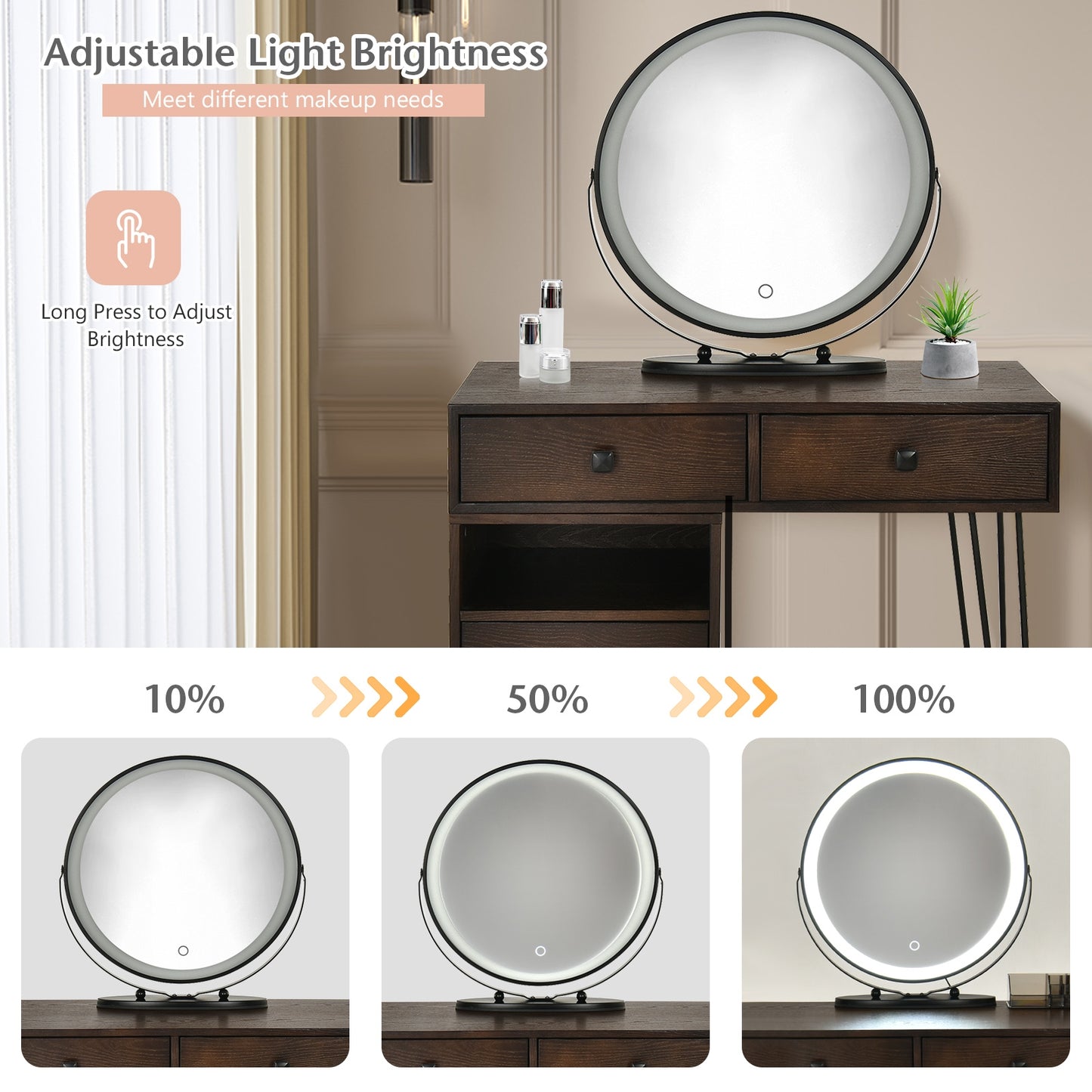 Modern Vanity Table with Storage Cabinet, Adjustable LED Mirror & Cushioned Stool - Brown