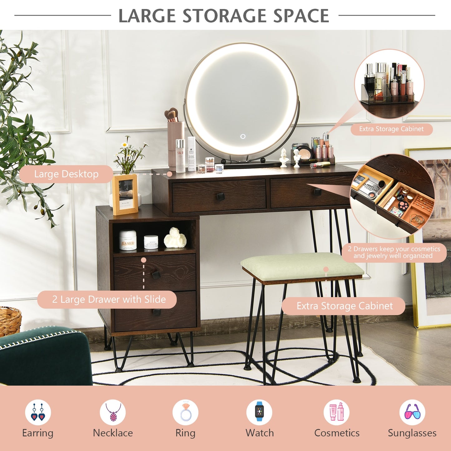 Modern Vanity Table with Storage Cabinet, Adjustable LED Mirror & Cushioned Stool - Brown