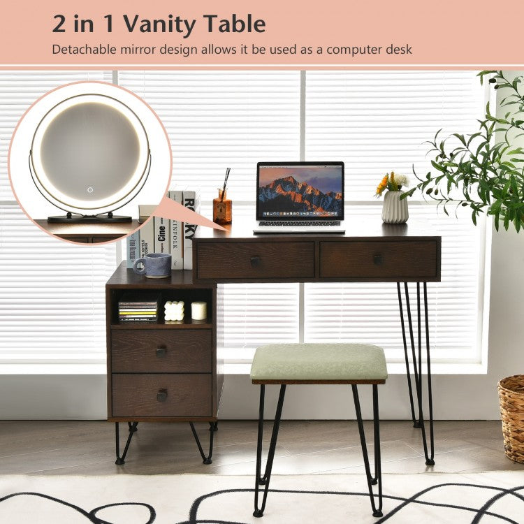 Modern Vanity Table with Storage Cabinet, Adjustable LED Mirror & Cushioned Stool - Brown