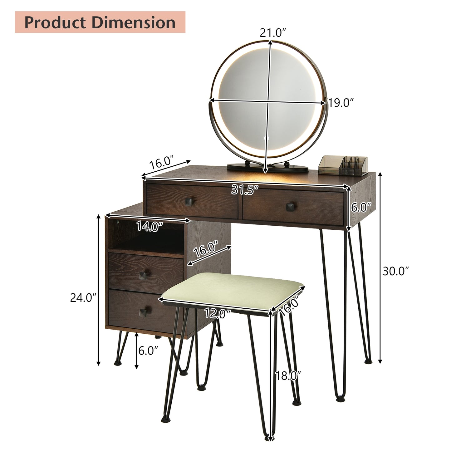 Modern Vanity Table with Storage Cabinet, Adjustable LED Mirror & Cushioned Stool - Brown
