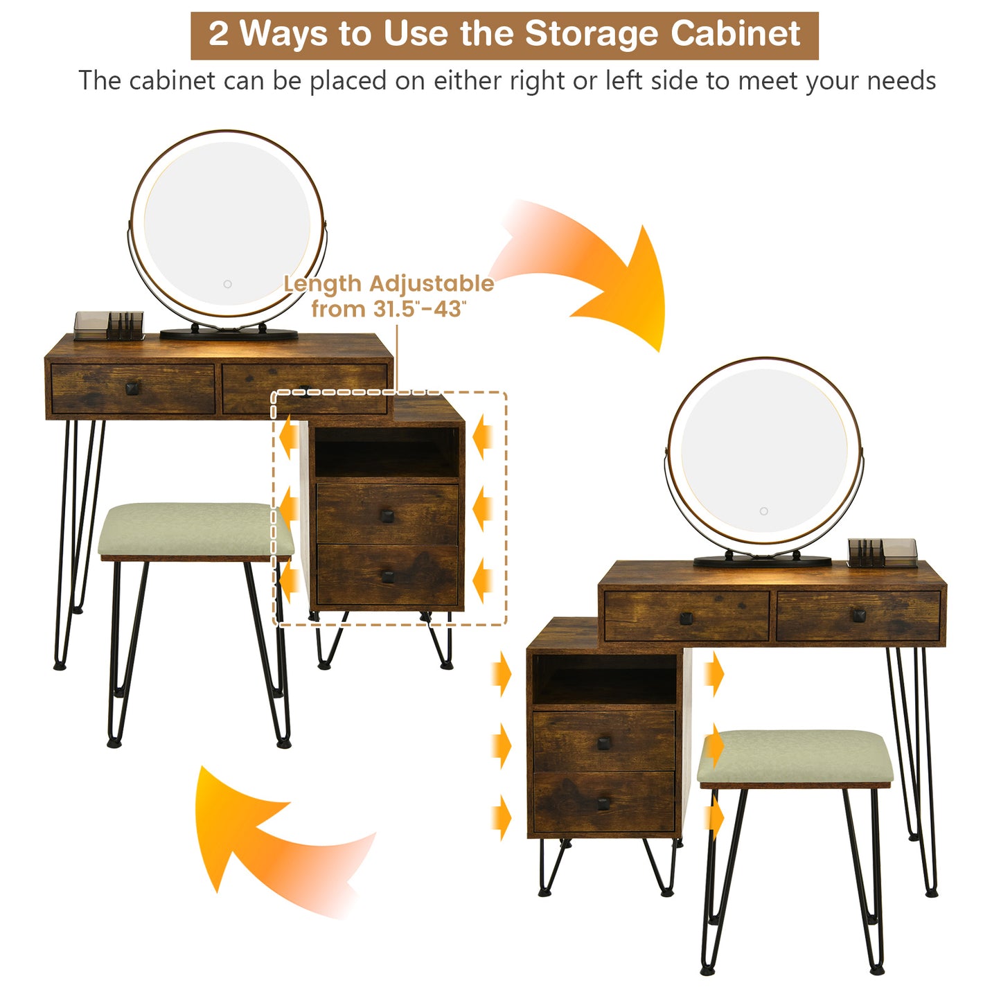 Modern Vanity Table with Storage Cabinet, Adjustable LED Mirror & Cushioned Stool - Brown
