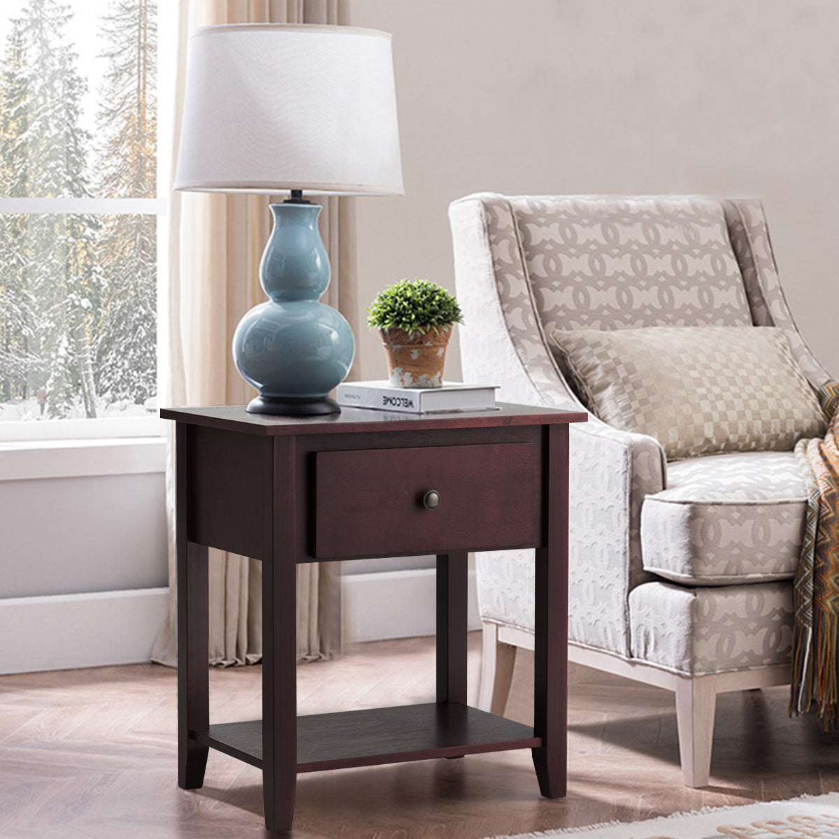 Versatile Bedside Table with Storage Drawer and Display Shelf Brown