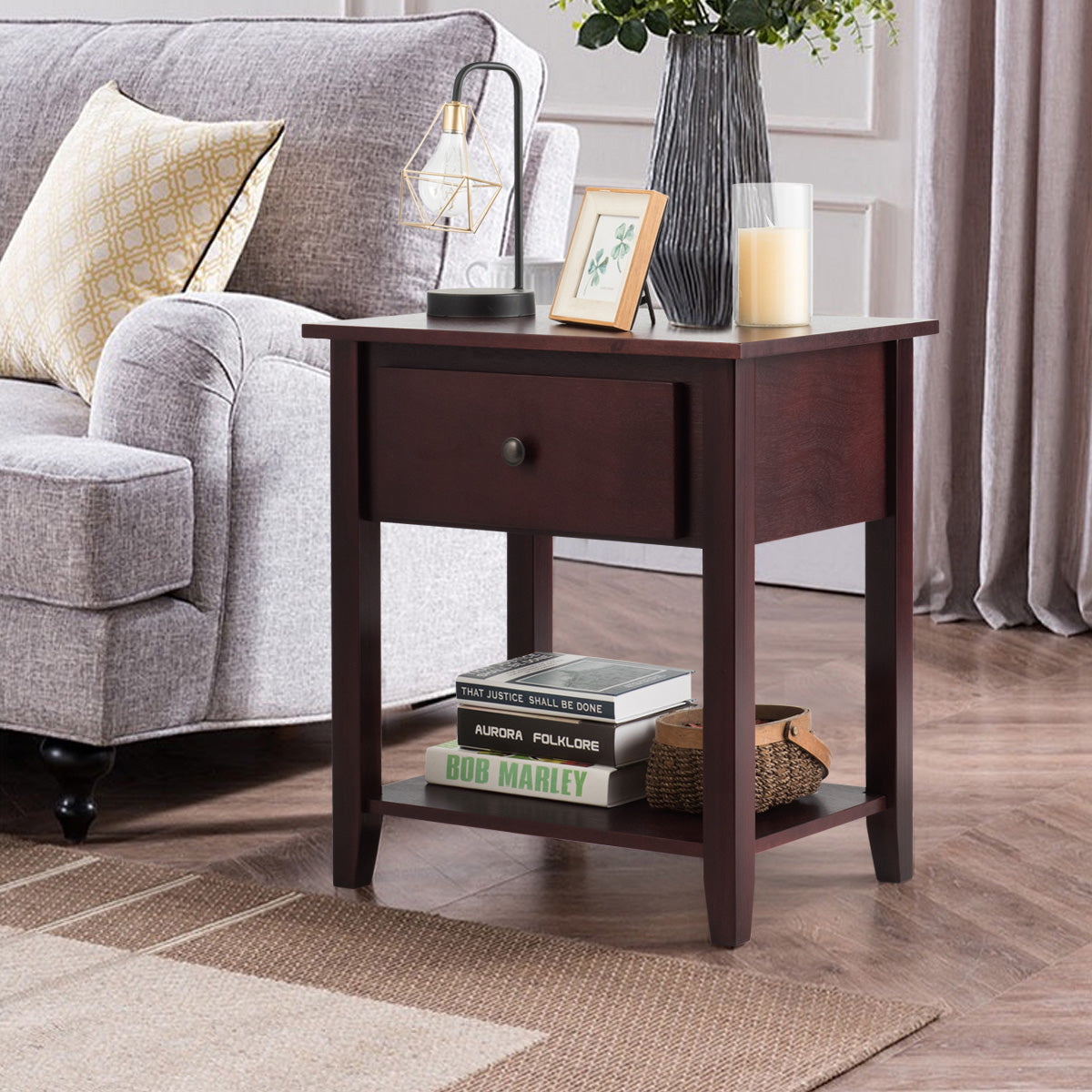 Versatile Bedside Table with Storage Drawer and Display Shelf Brown