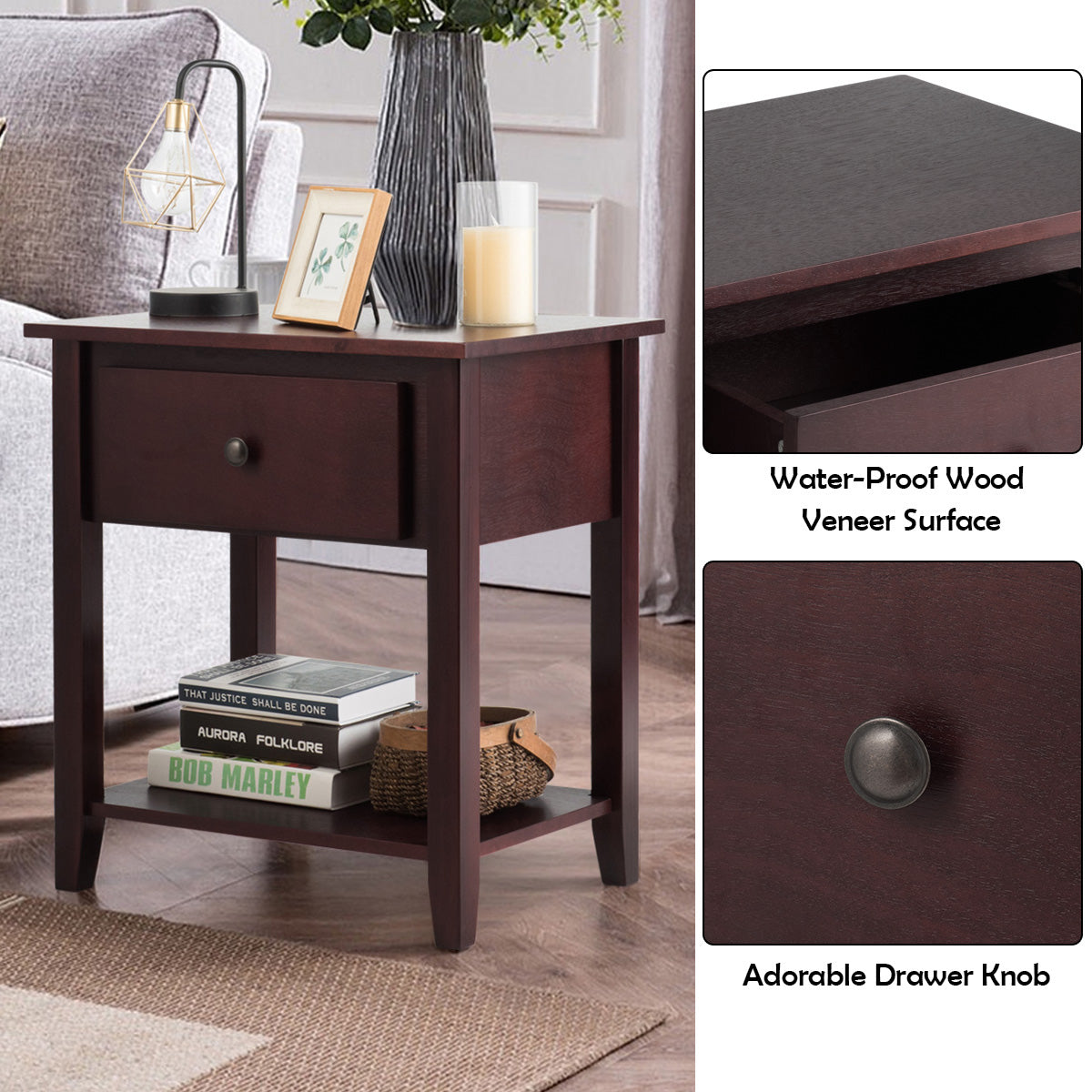Versatile Bedside Table with Storage Drawer and Display Shelf Brown