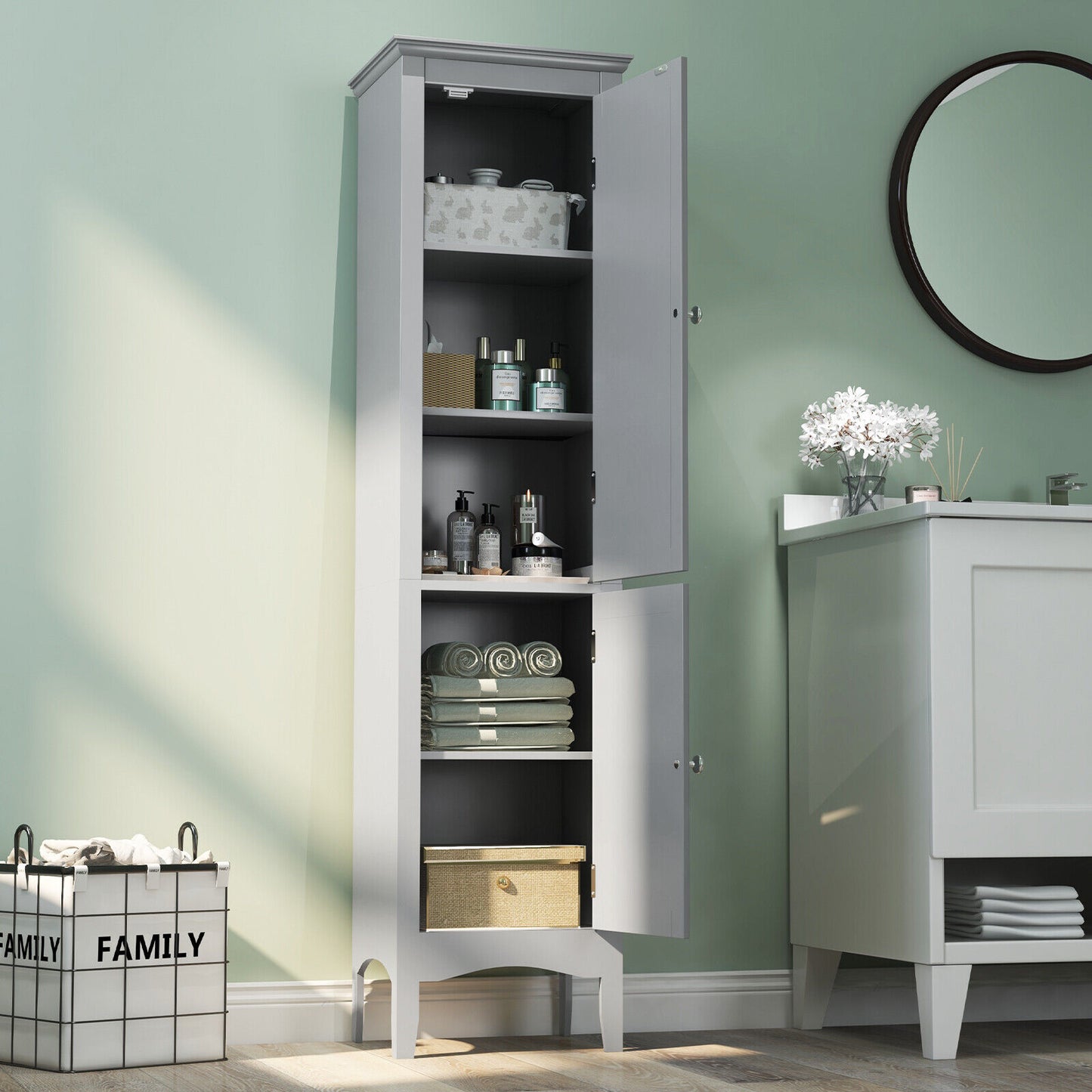 5-Shelf Tall Narrow Storage Cabinet with Louvered Doors