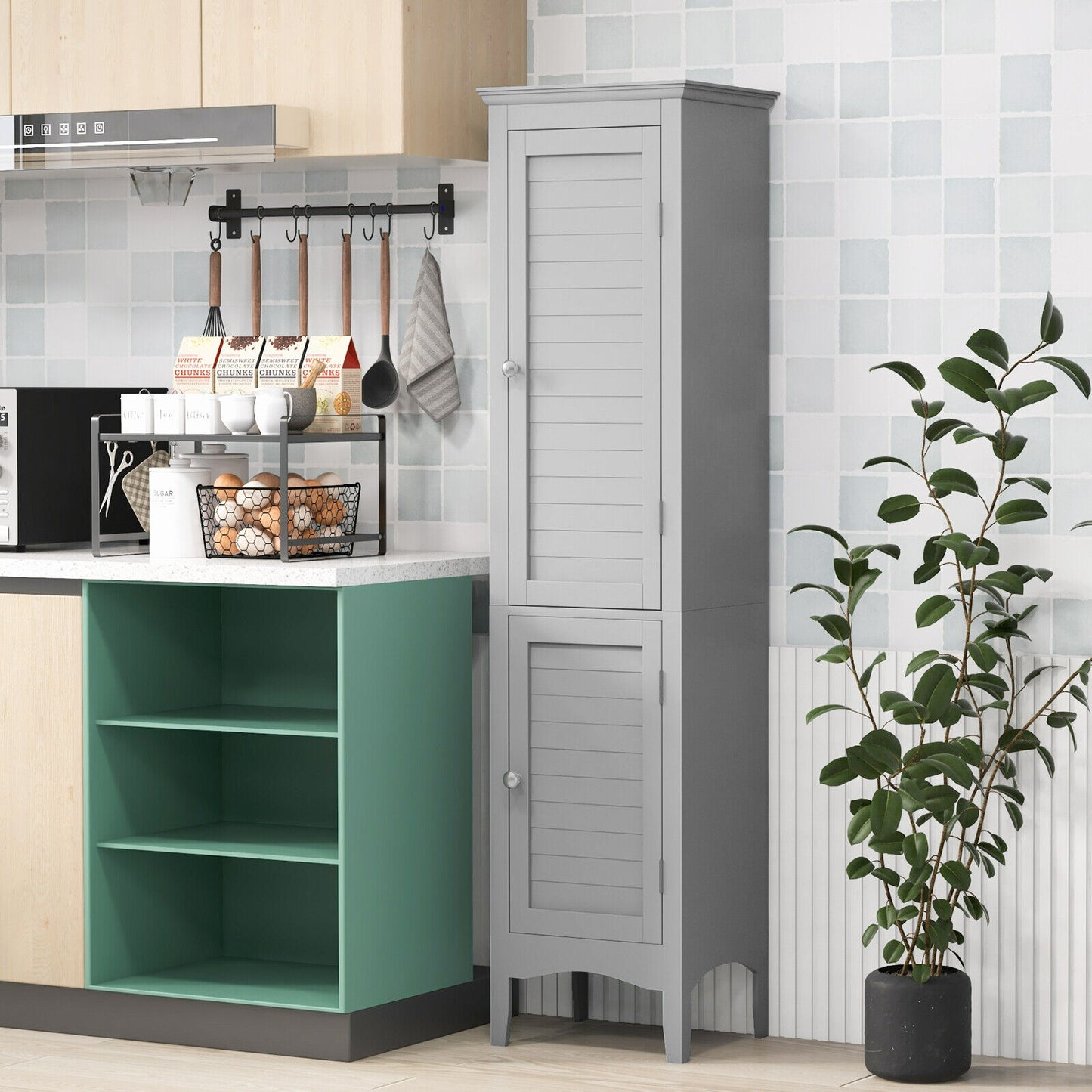 5-Shelf Tall Narrow Storage Cabinet with Louvered Doors