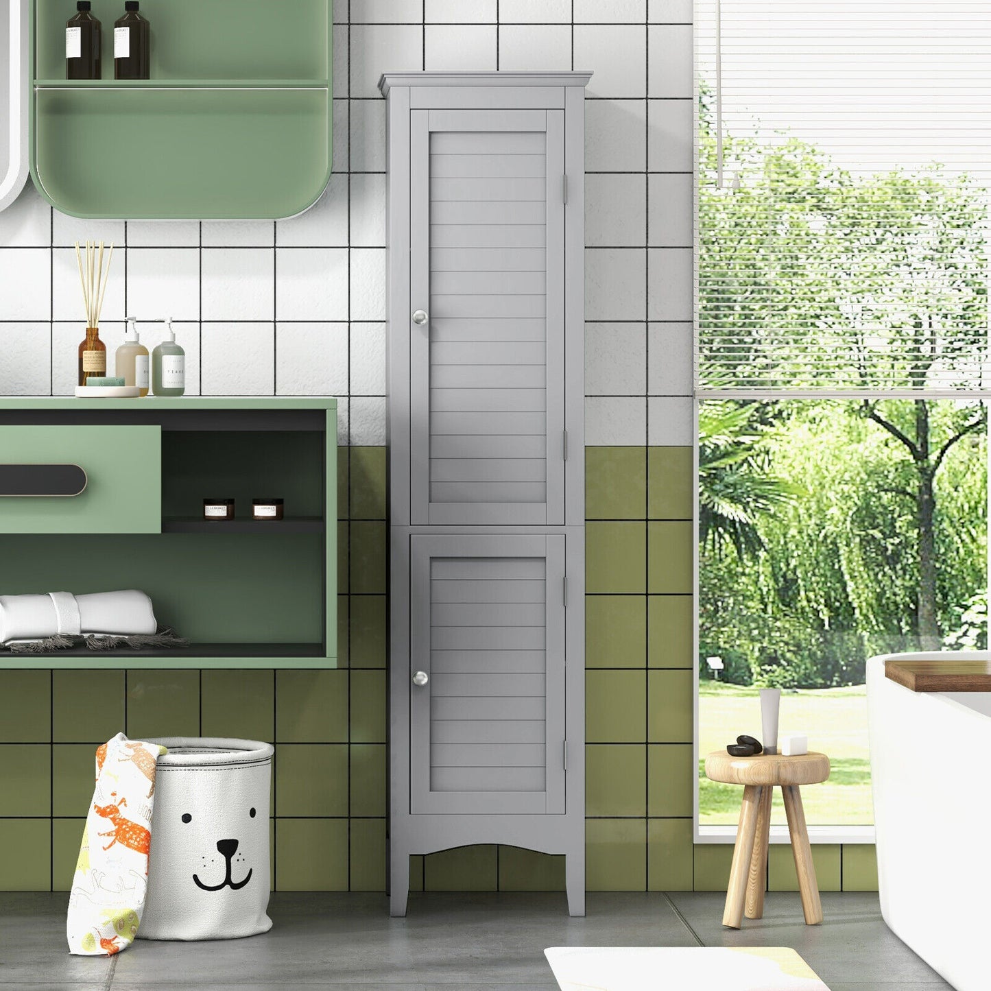 5-Shelf Tall Narrow Storage Cabinet with Louvered Doors