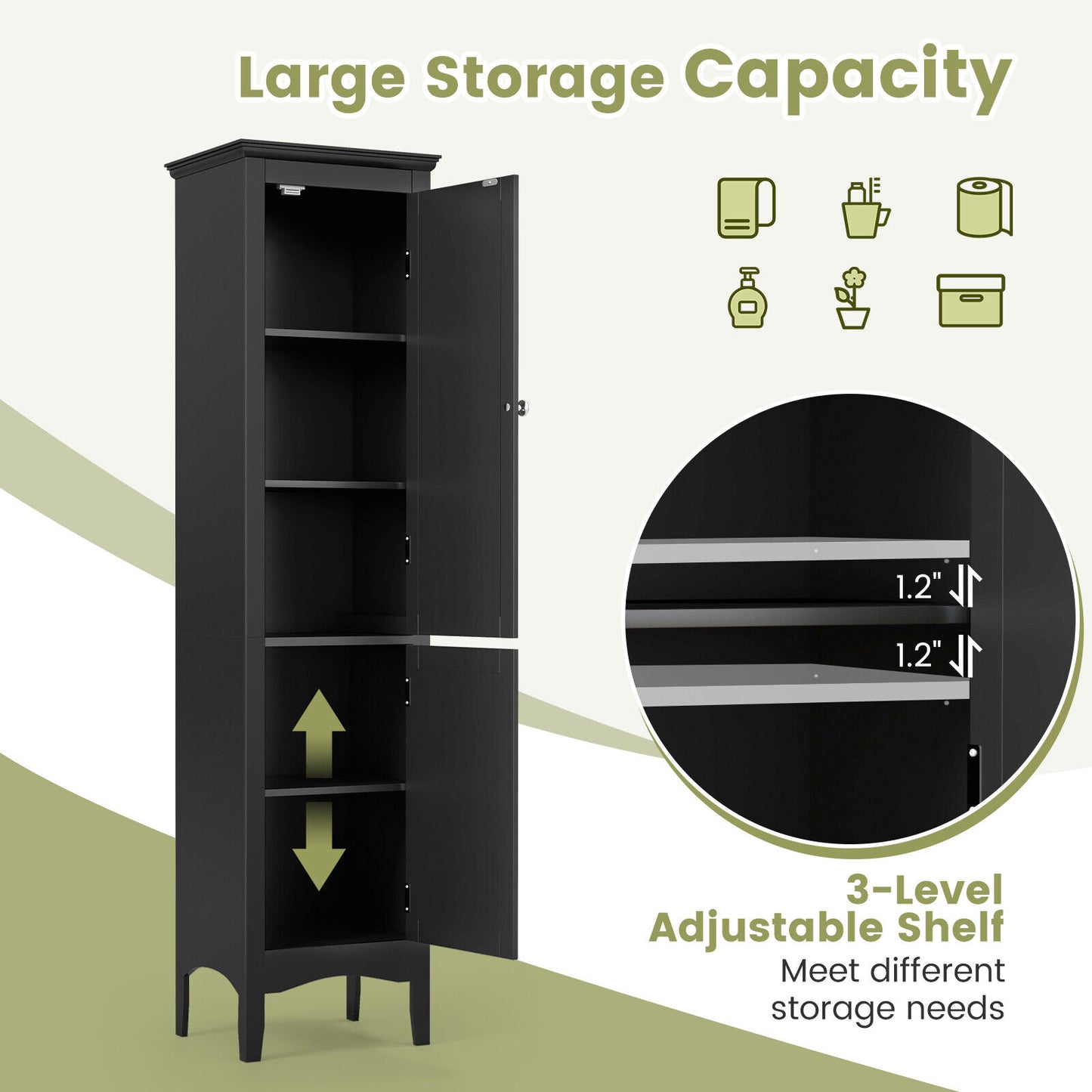 5-Shelf Tall Narrow Storage Cabinet with Louvered Doors