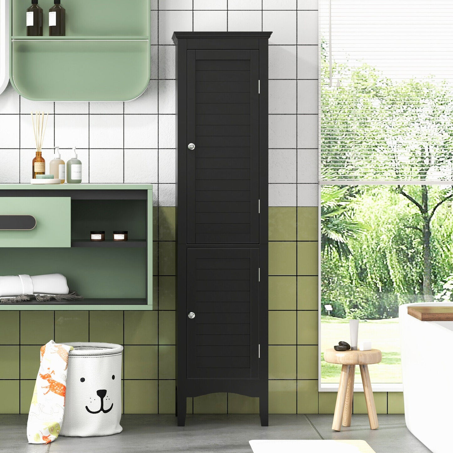 5-Shelf Tall Narrow Storage Cabinet with Louvered Doors